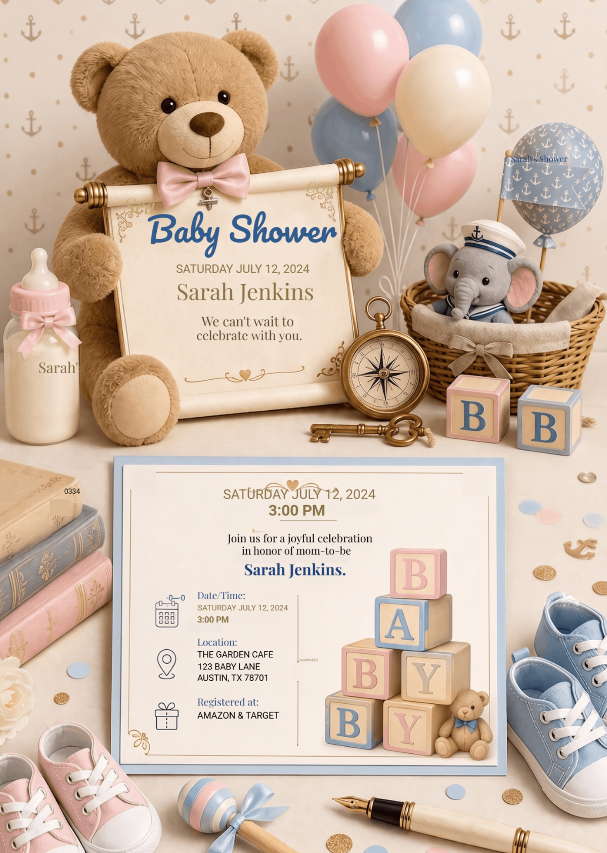 Nautical Teddy Bear Baby Shower Invitation Nautical Teddy Bear Baby Shower Invitation