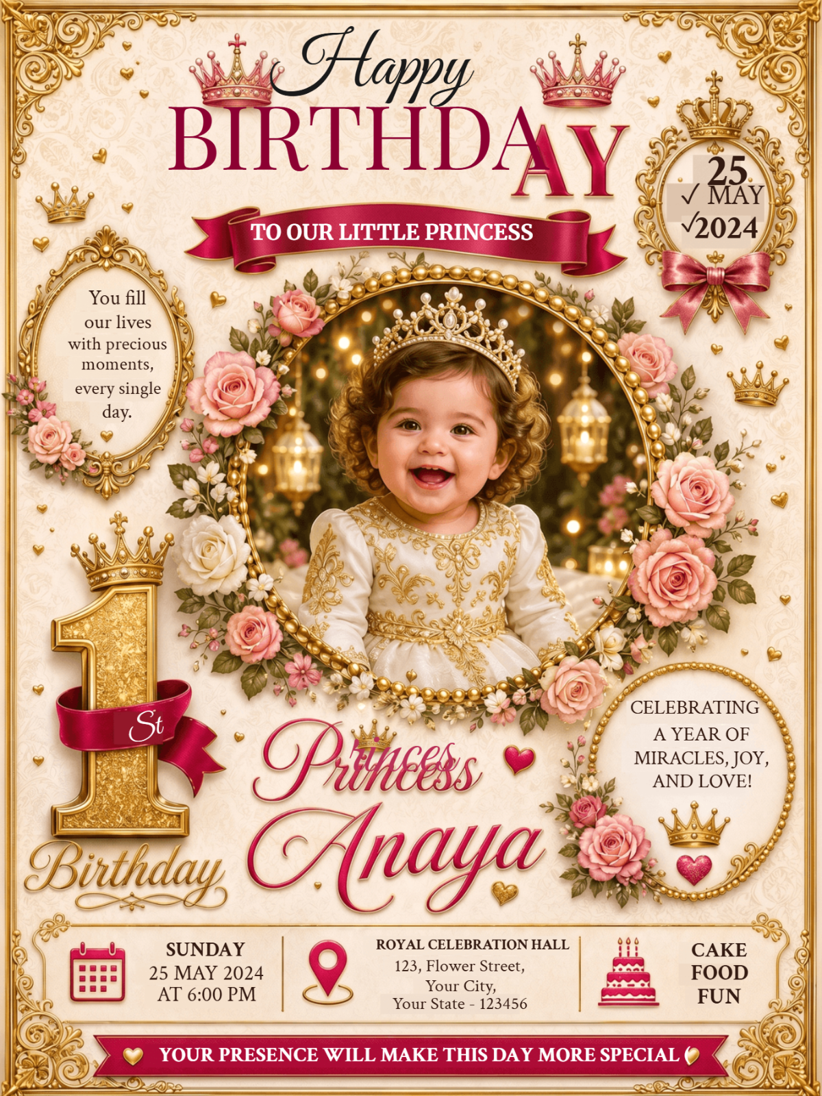 Royal Princess Pink & Gold 1st Birthday Invitation Card Template Royal Princess Pink & Gold 1st Birthday Invitation Card Template