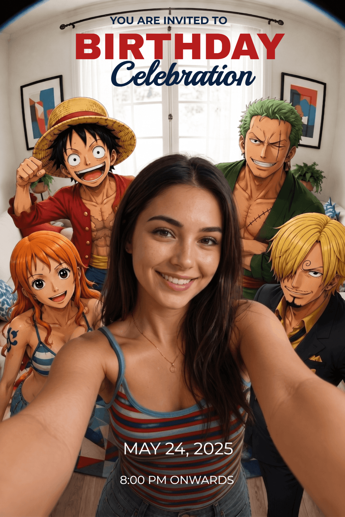 One Piece Anime Birthday Invitation Fun Selfie Party Template