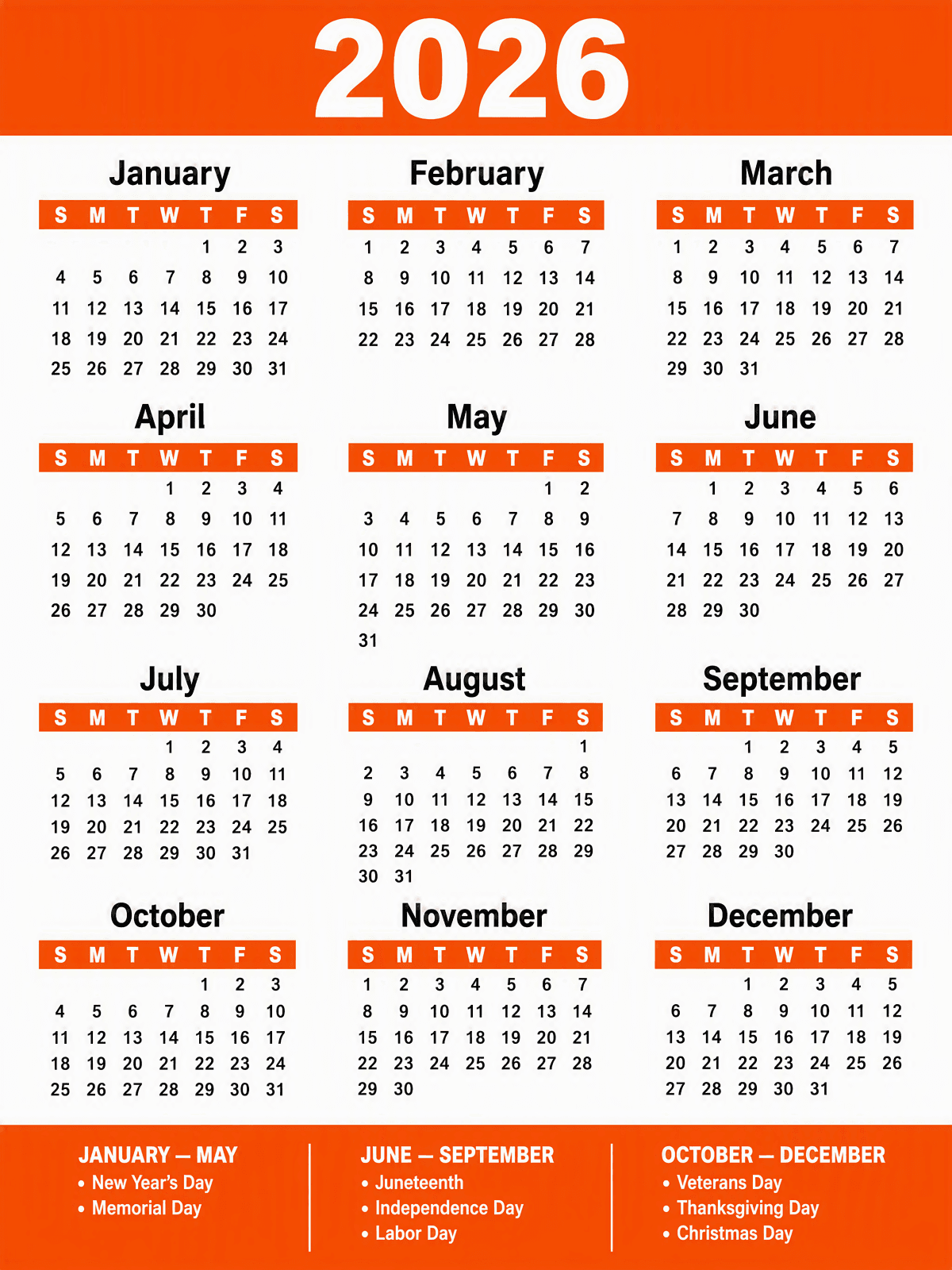 Free 2026 Holiday Calendar Template to Edit Online