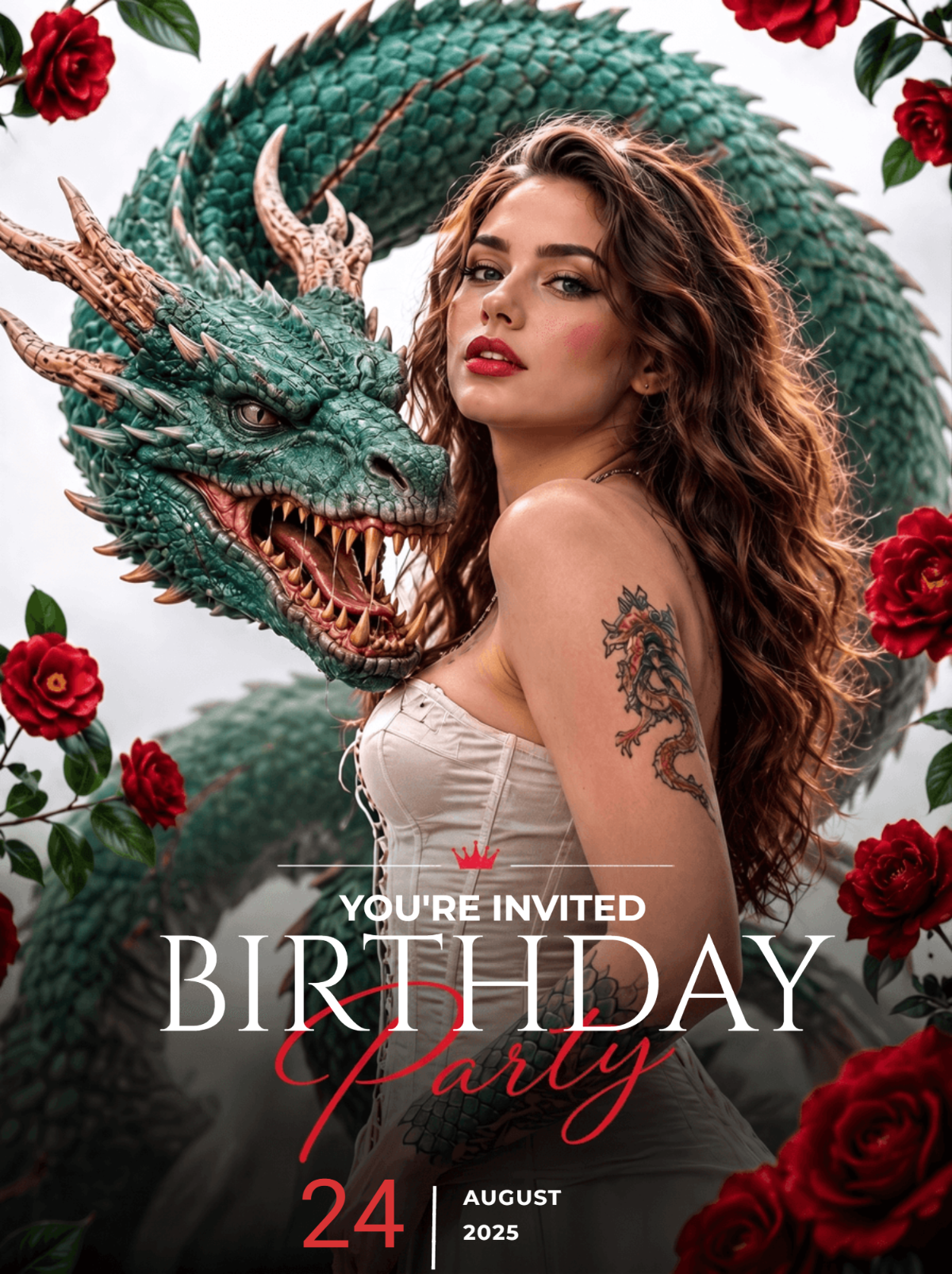 Enchanted Fantasy Dragon & Roses Birthday Invitation