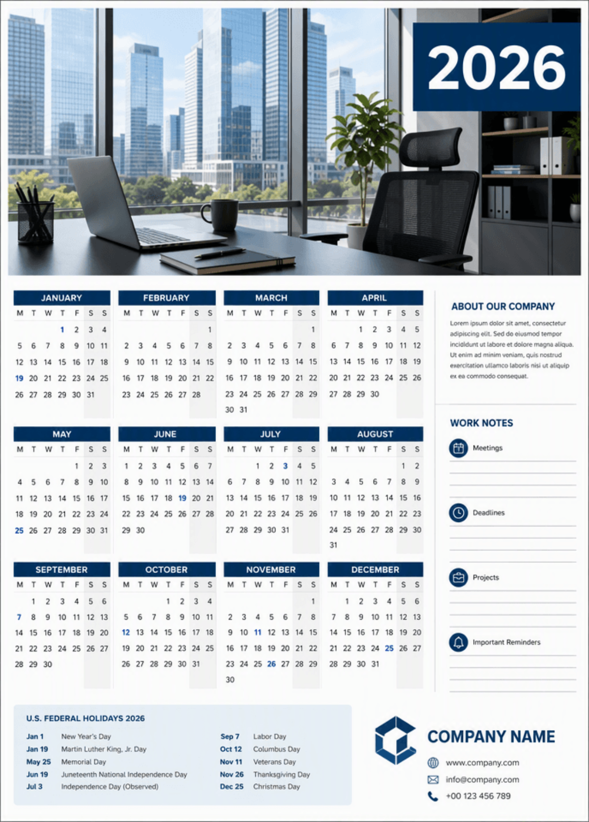 Free 2026 Work Calendar Template to Edit Online