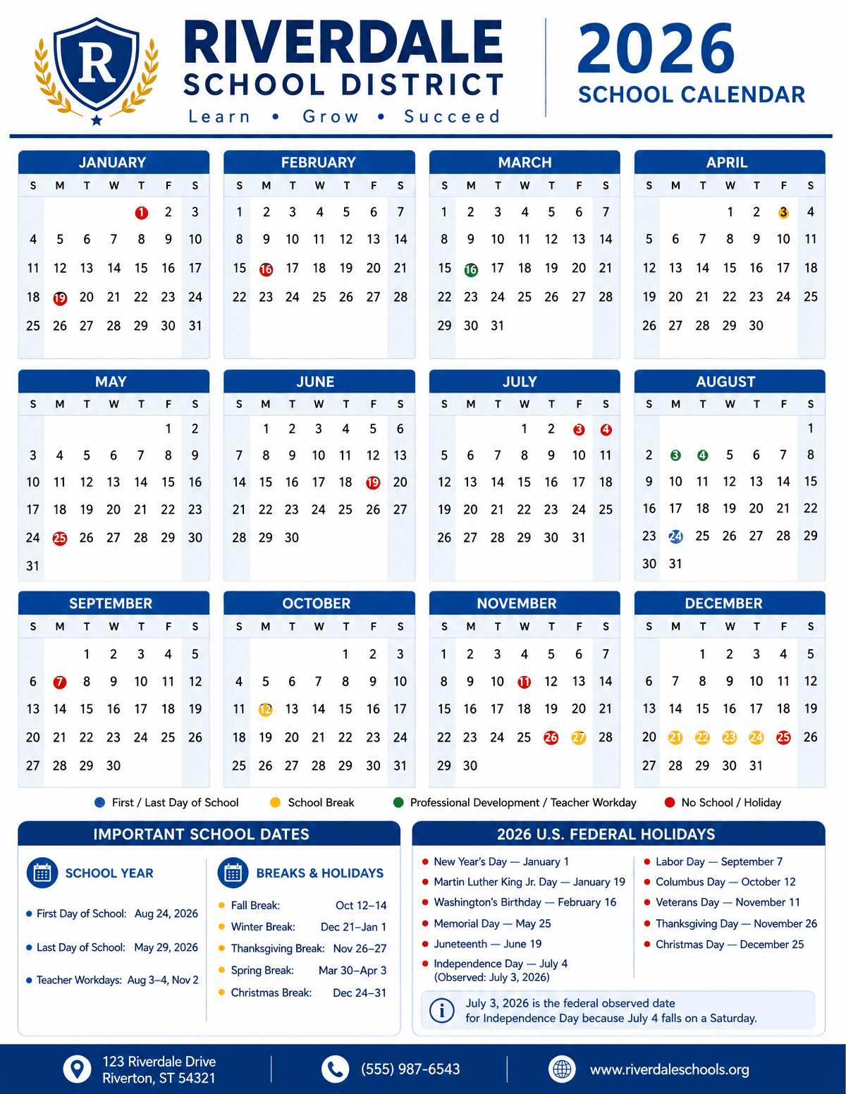 Free 2026 School Calendar Template to Edit Online