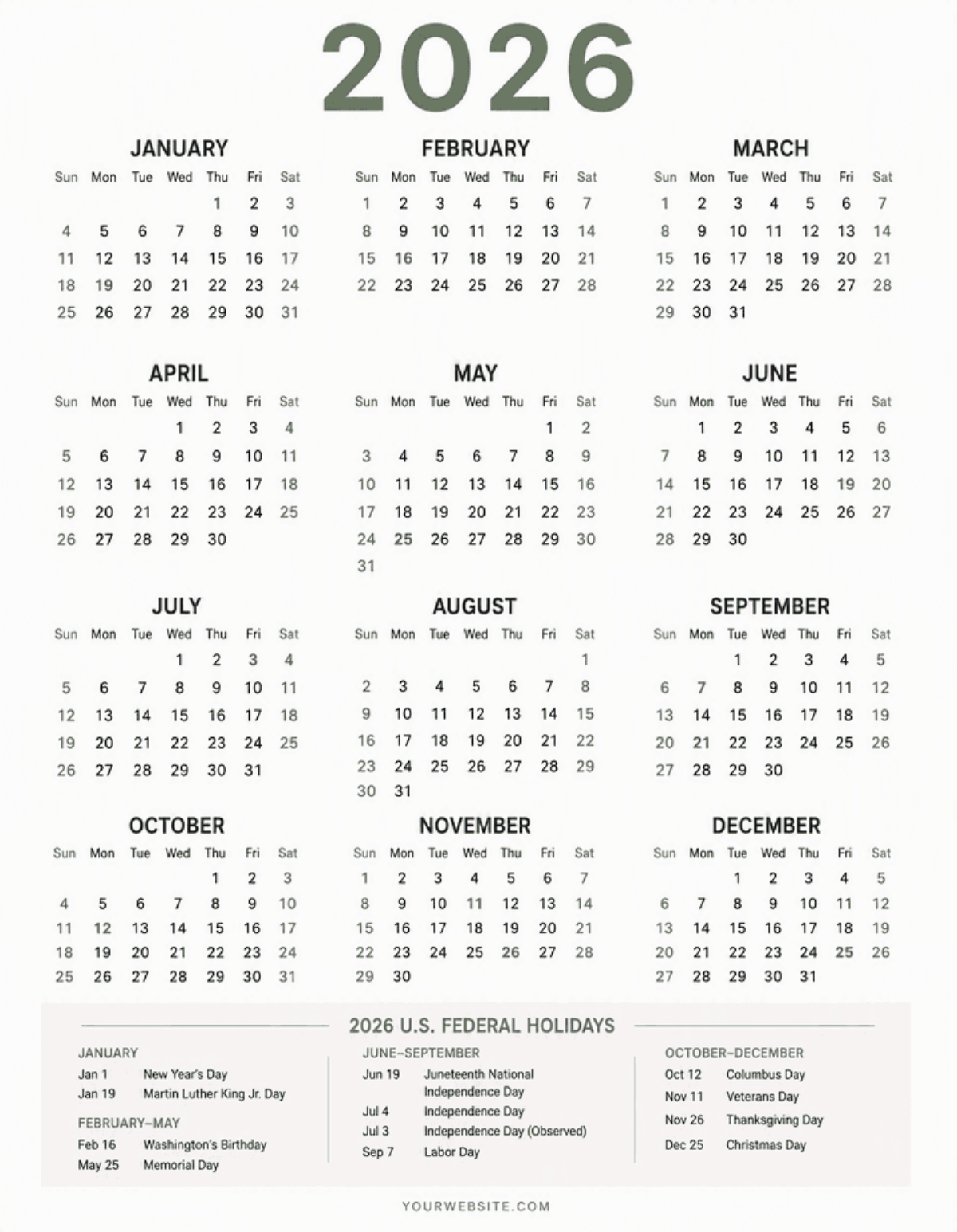 Free 2026 Editable Calendar Template to Edit Online