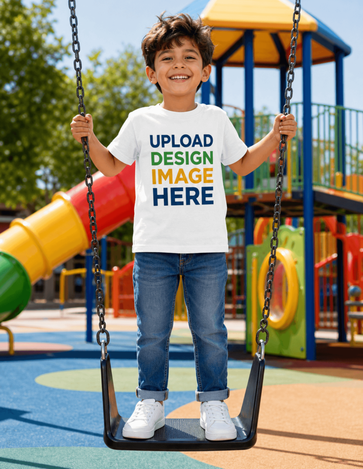 Free Playful Boy Standing on a Swing T-Shirt Mockup Template to Edit Online