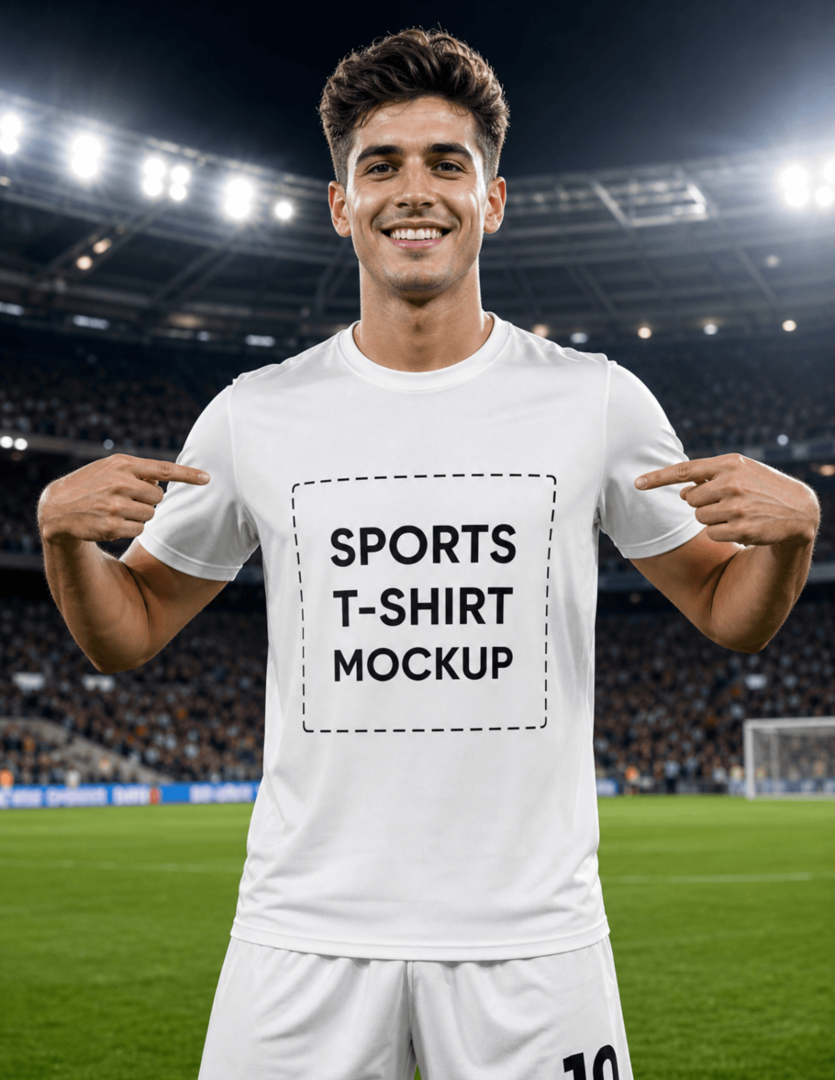Free Smiling Player Pointing at Crewneck T-Shirt Mockup Template to Edit Online