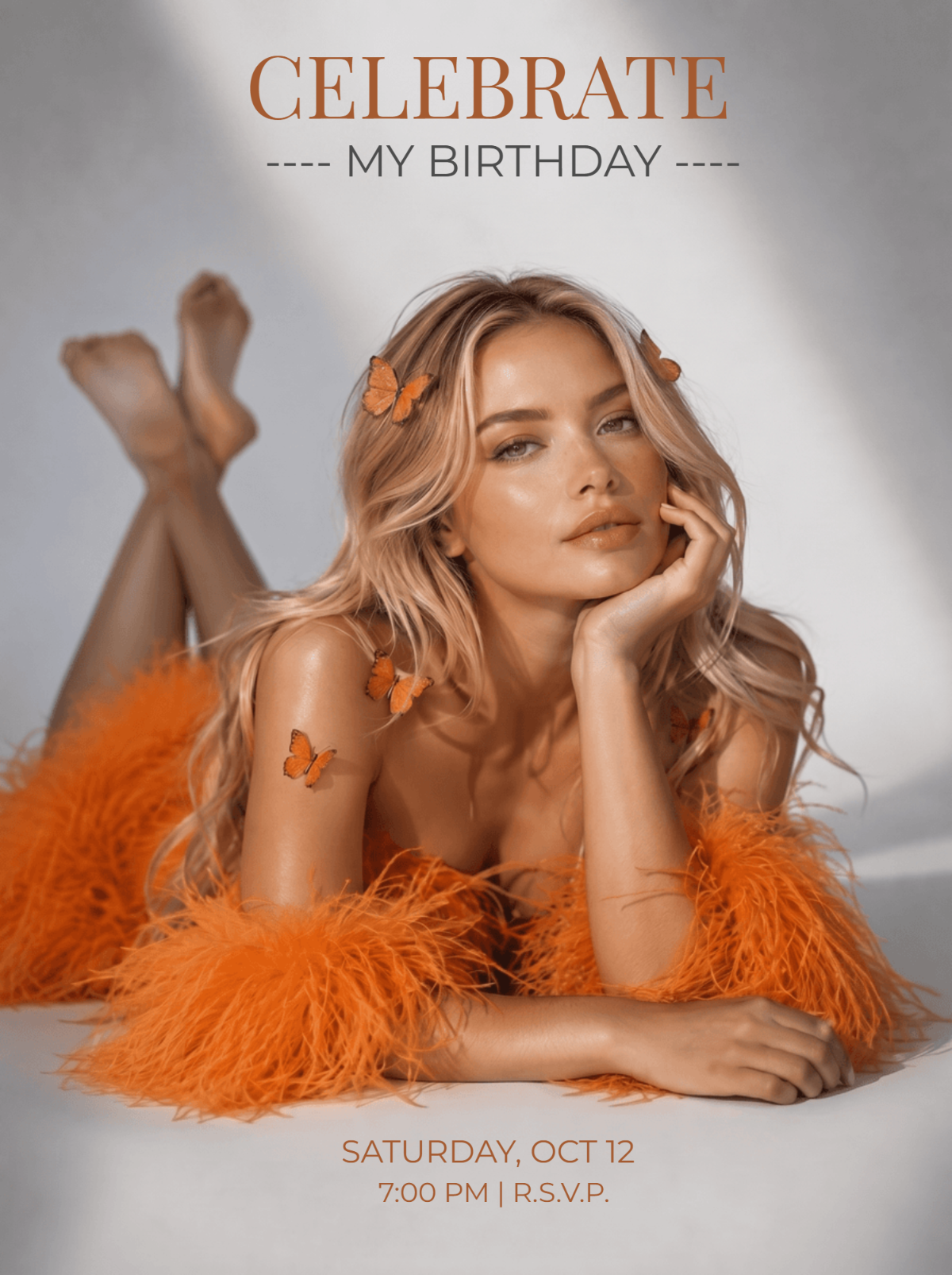 Chic Orange Feather & Butterfly Birthday Invitation Template Chic Orange Feather & Butterfly Birthday Invitation Template