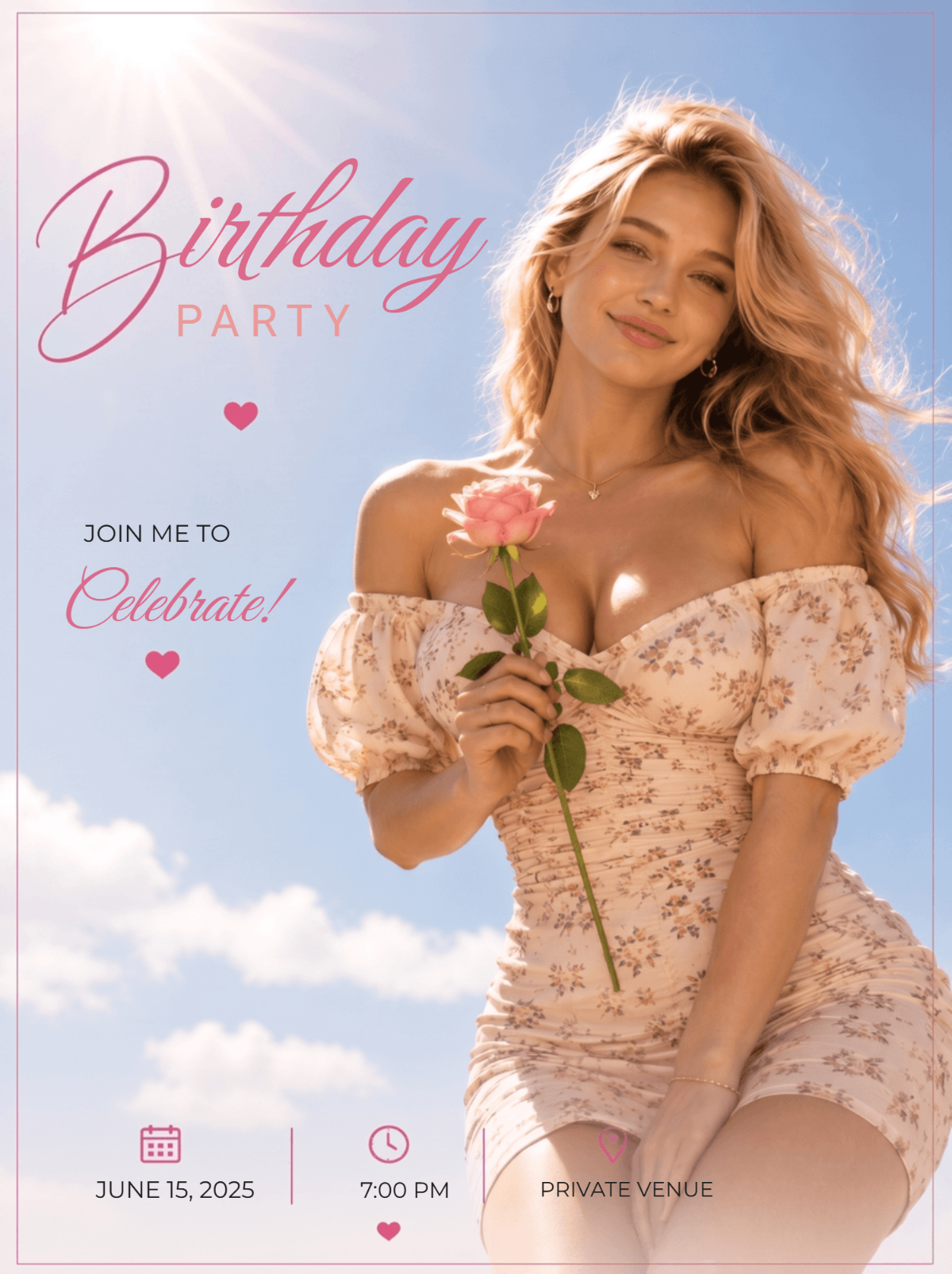 Romantic Rose Woman Birthday Party Invitation Template
