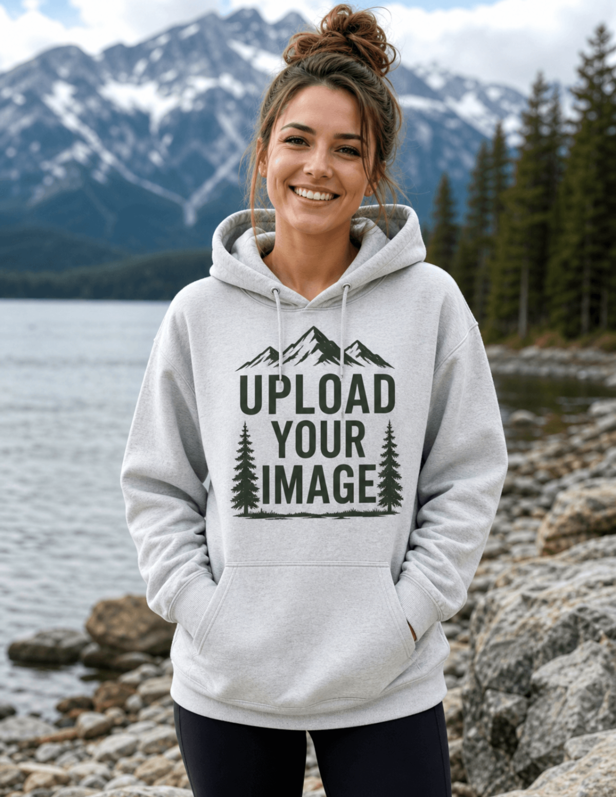 Free Smiling Woman Outdoors with Pullover Hoodie Mockup Template to Edit Online