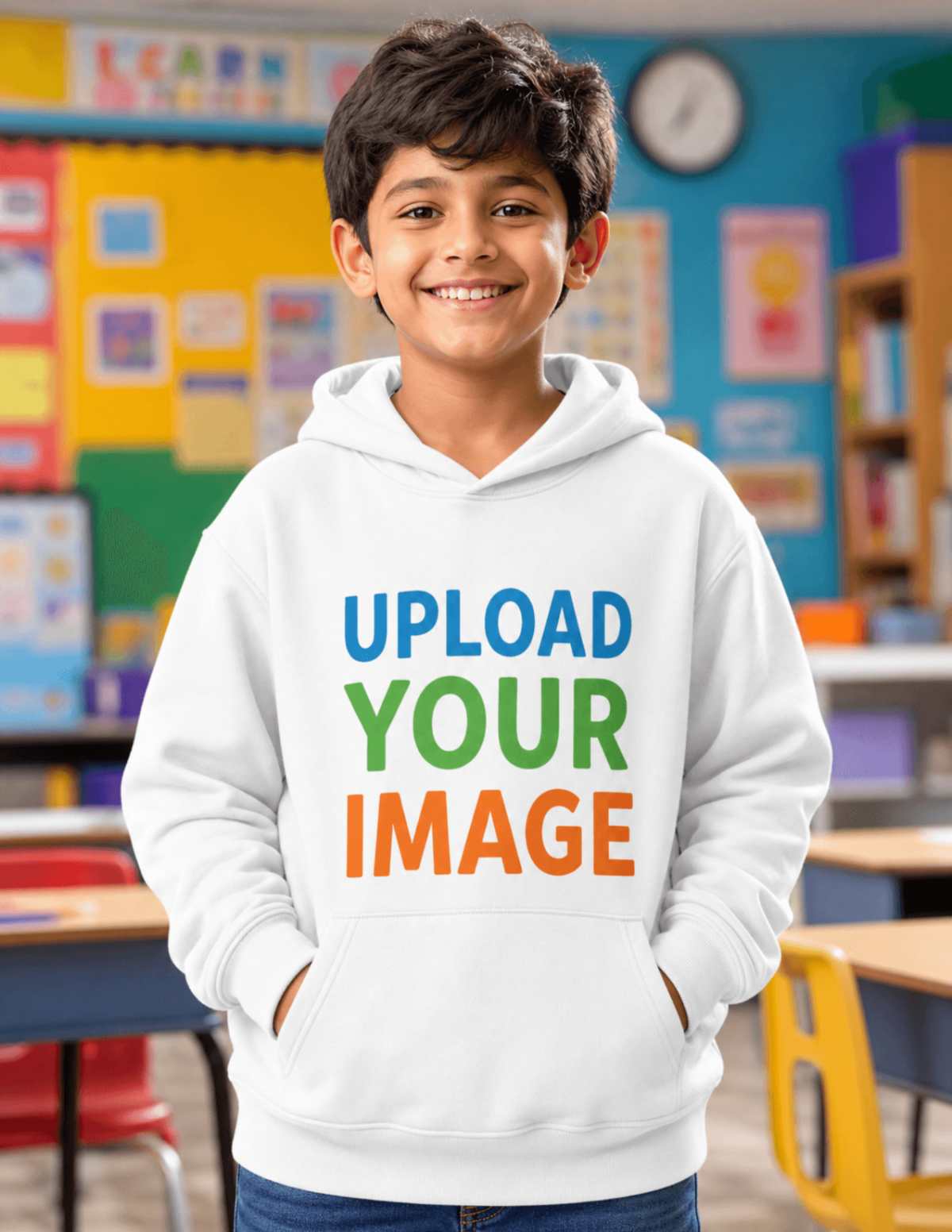 Free Happy Boy in Classroom Hoodie Mockup Template to Edit Online