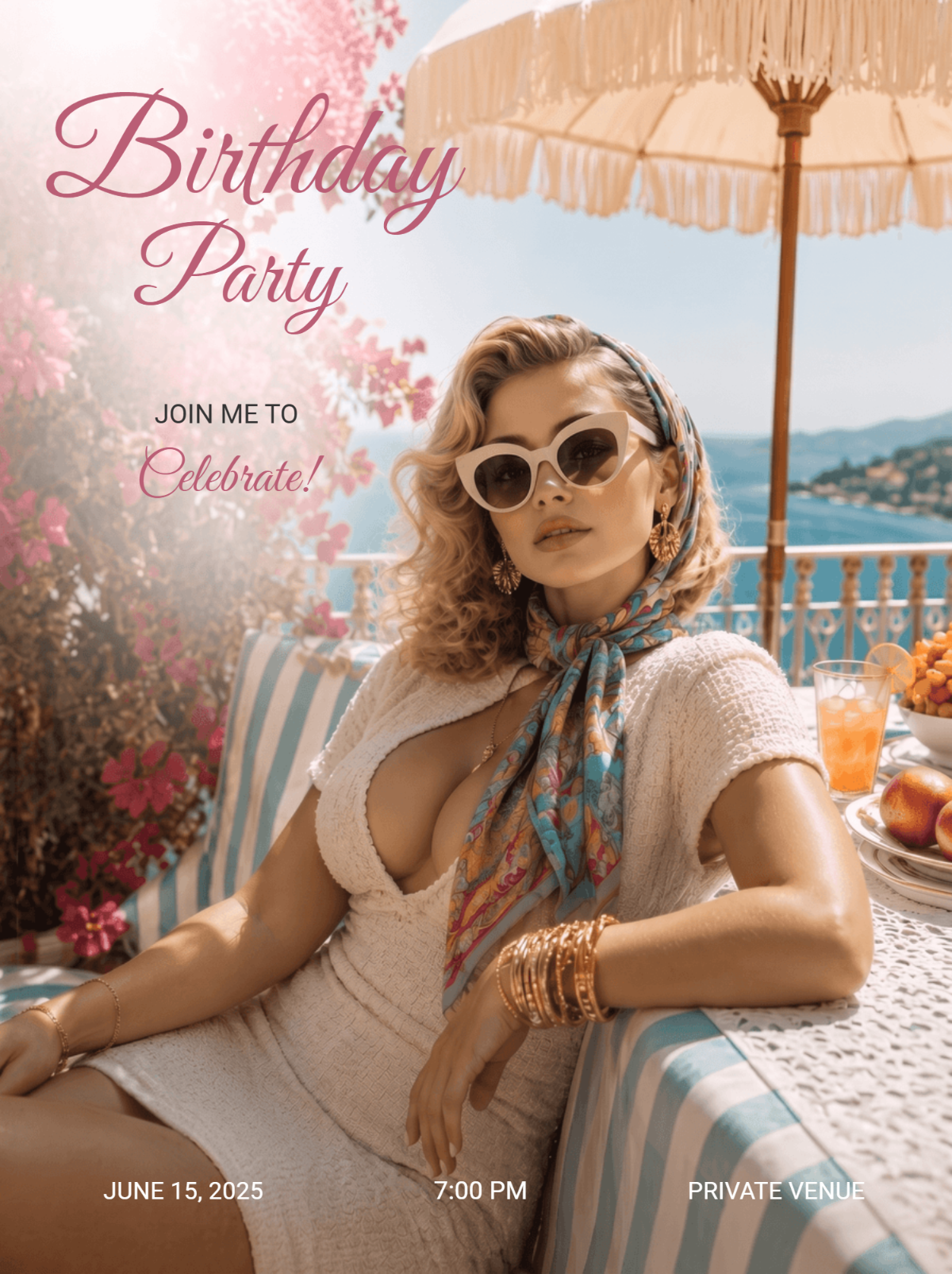 Mediterranean Glam Luxury Birthday Invitation Template