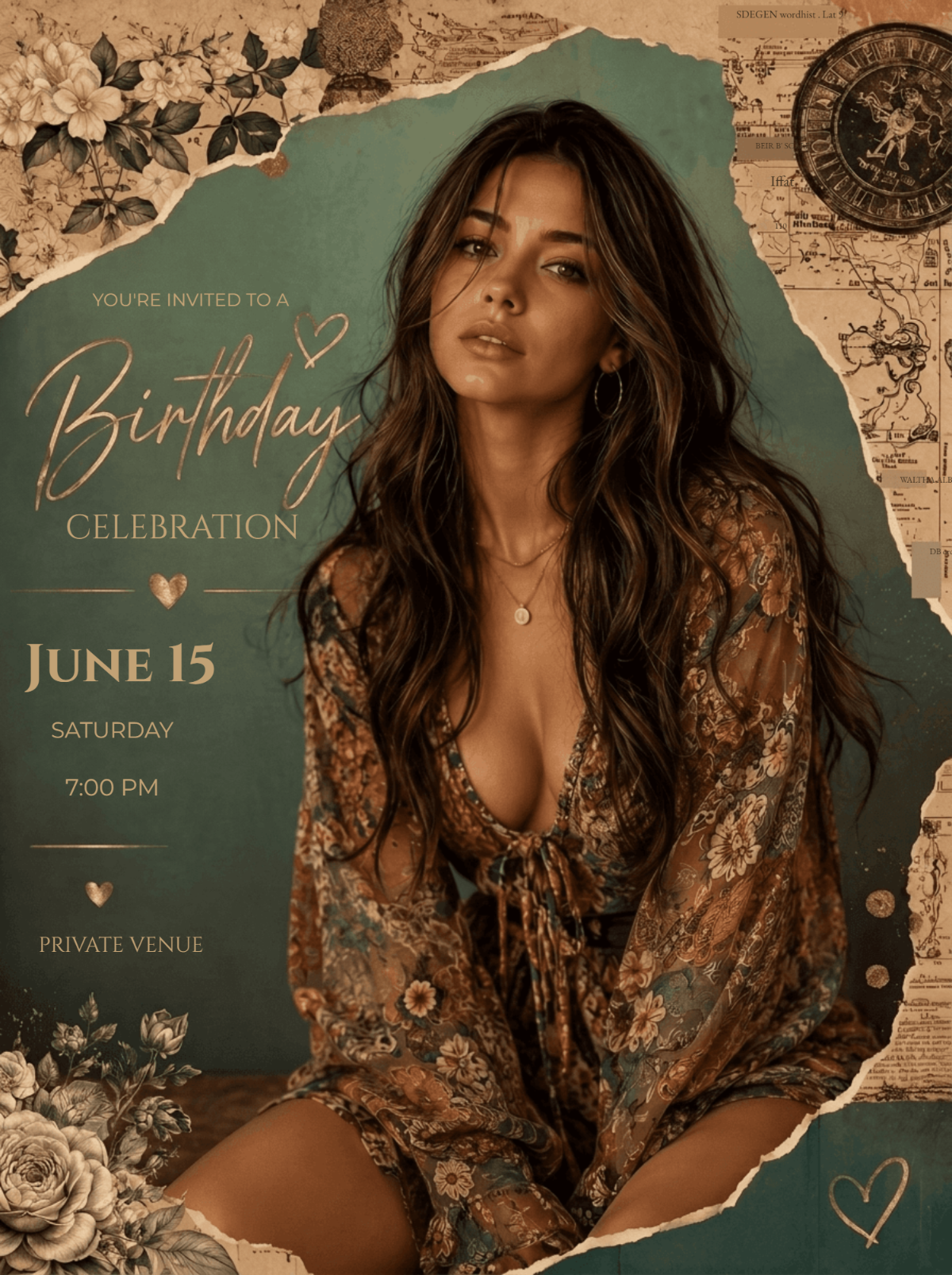 Vintage Boho Editorial Birthday Invitation Template