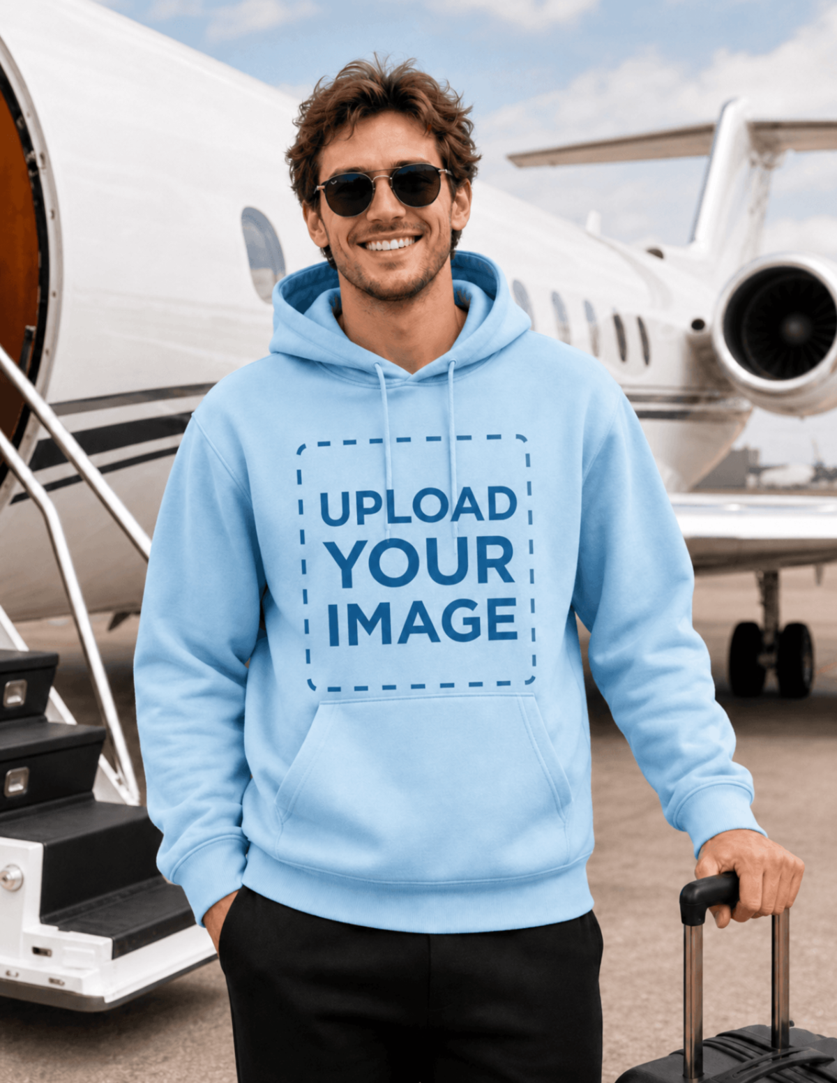 Free Happy Man at an Airport Hoodie Mockup Template to Edit Online