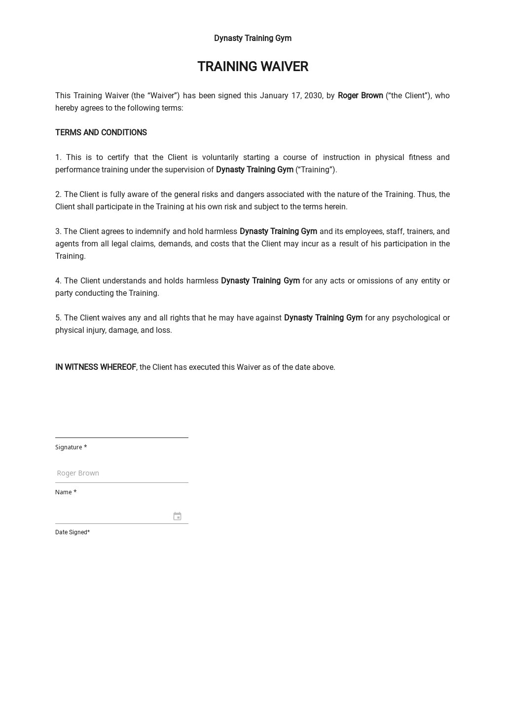 Training Waiver Template in Word, Google Docs