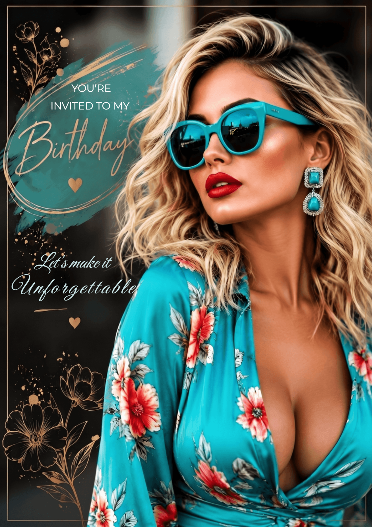 Turquoise Floral Glam Birthday Invitation Template