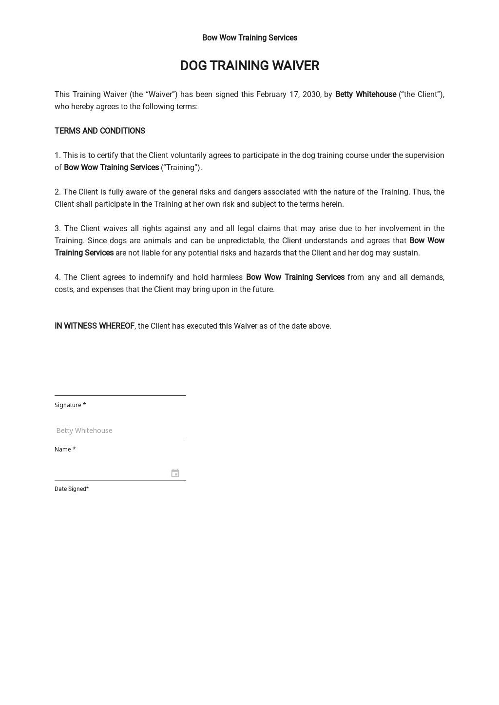 Dog Training Waiver Template Google Docs Word Template