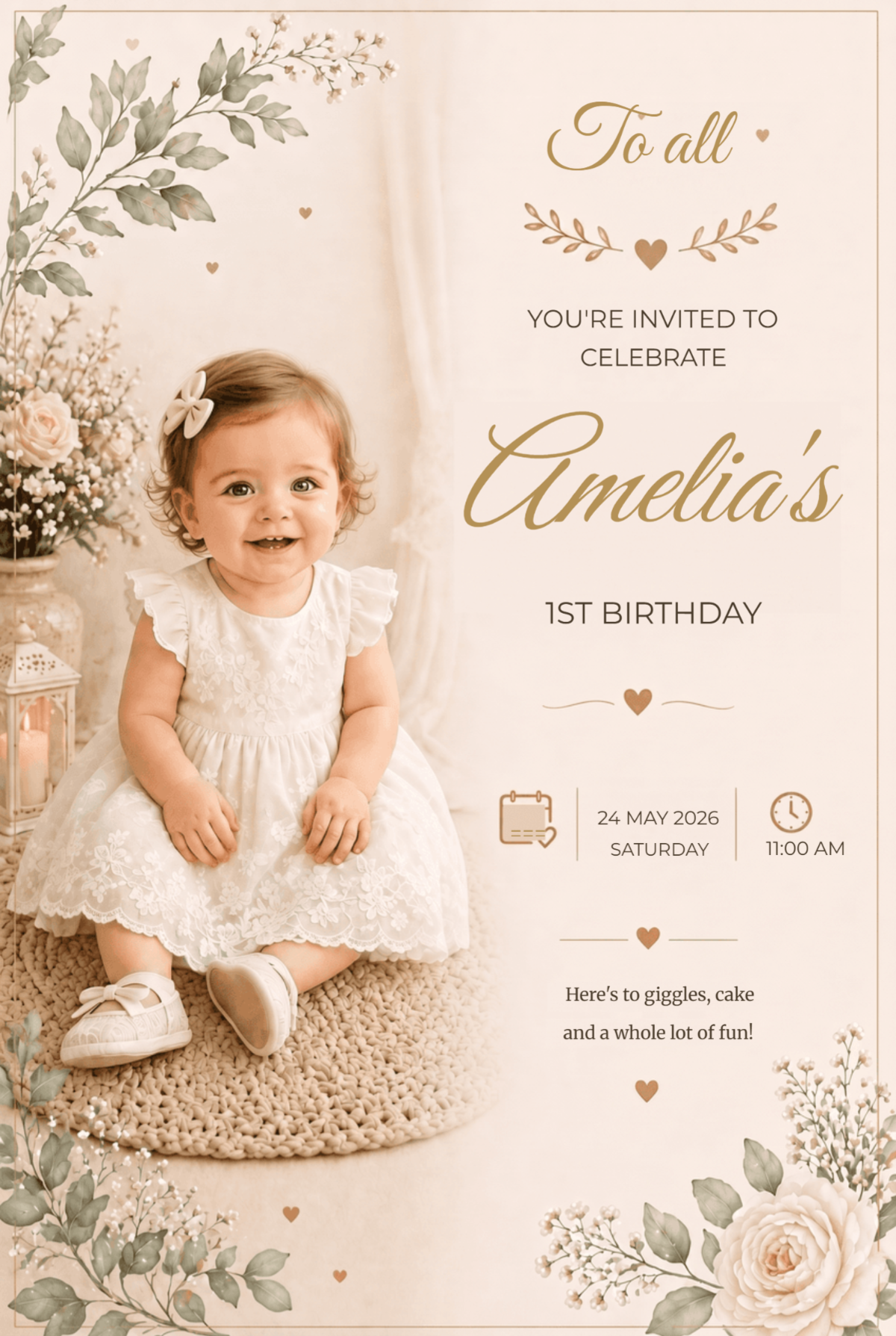 Elegant Botanical Blessing 1st Birthday Invitation