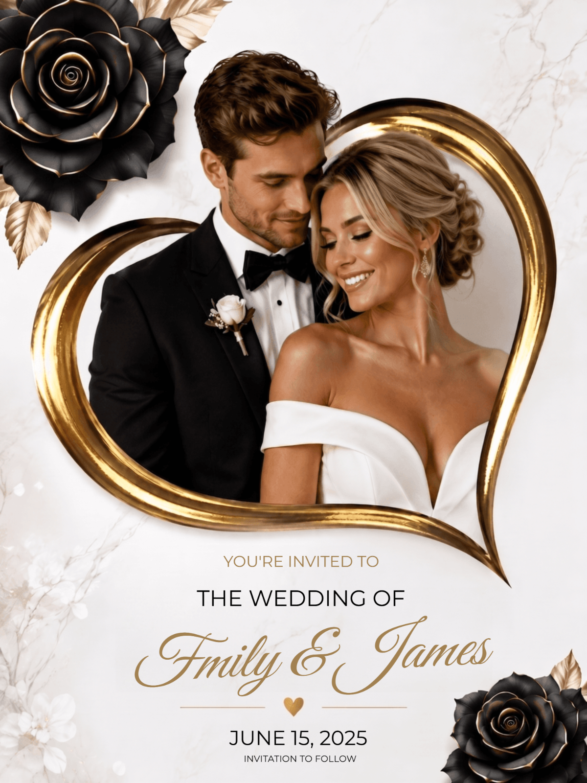 Black Rose Gold Heart Wedding Invitation Black Rose Gold Heart Wedding Invitation