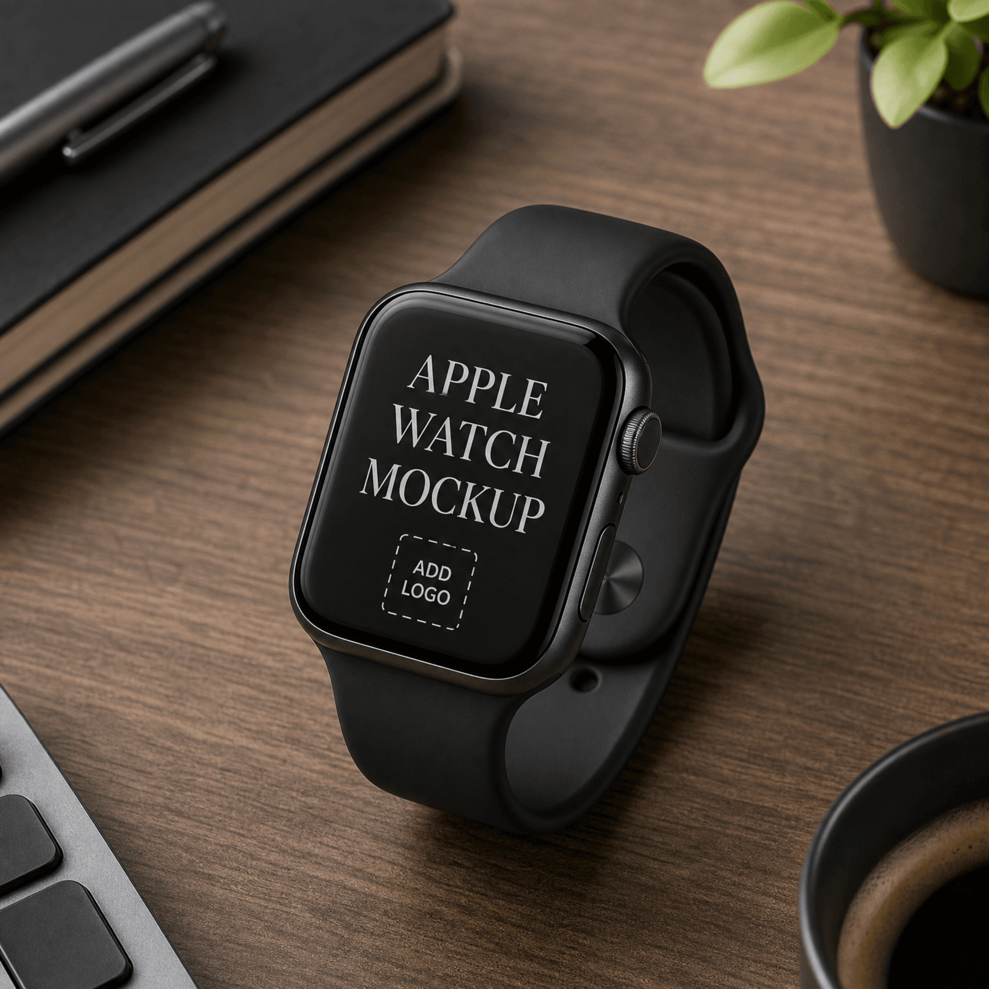 Free Apple Watch on a Wooden Desk Mockup Template to Edit Online