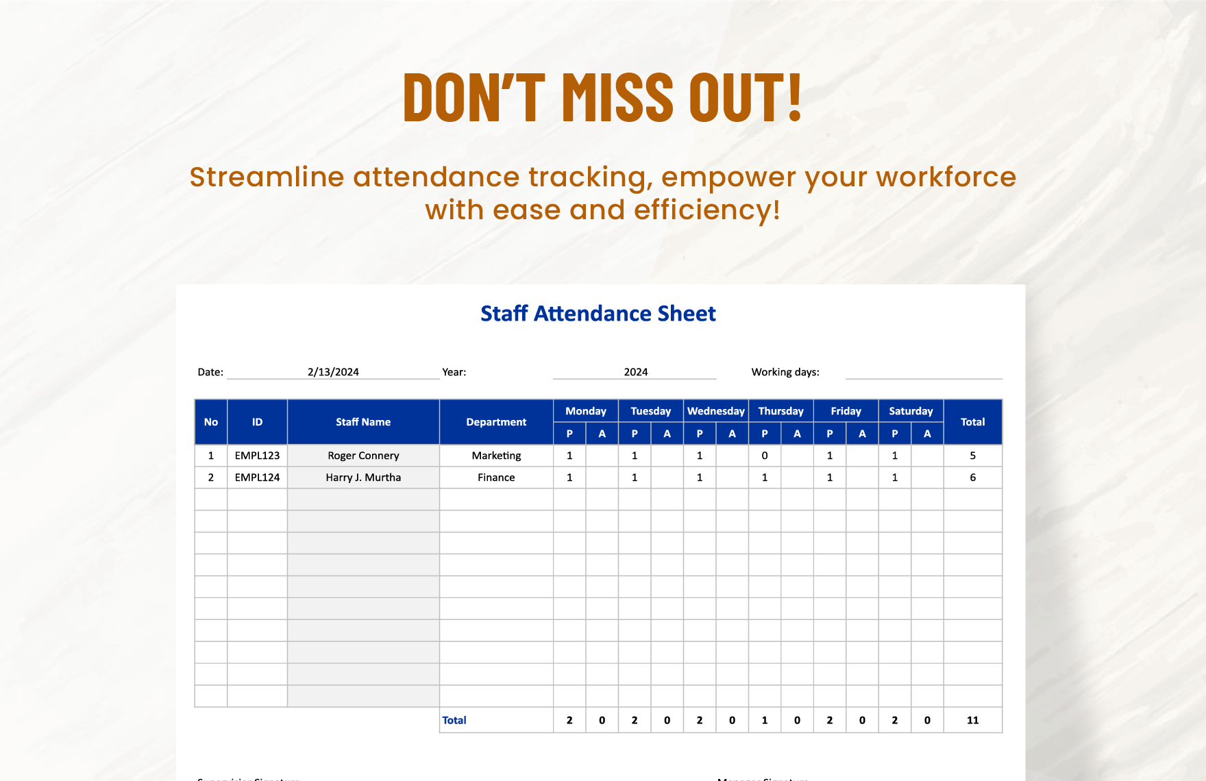 Staff Attendance Sheet Template