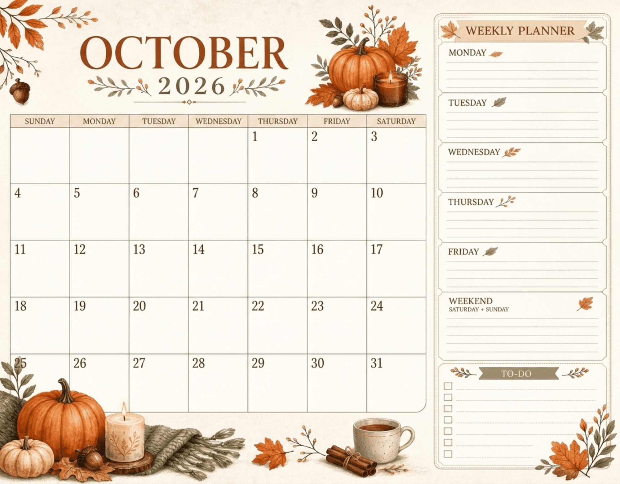 Free October 2026 Calendar with Weekly Plan to Edit Online