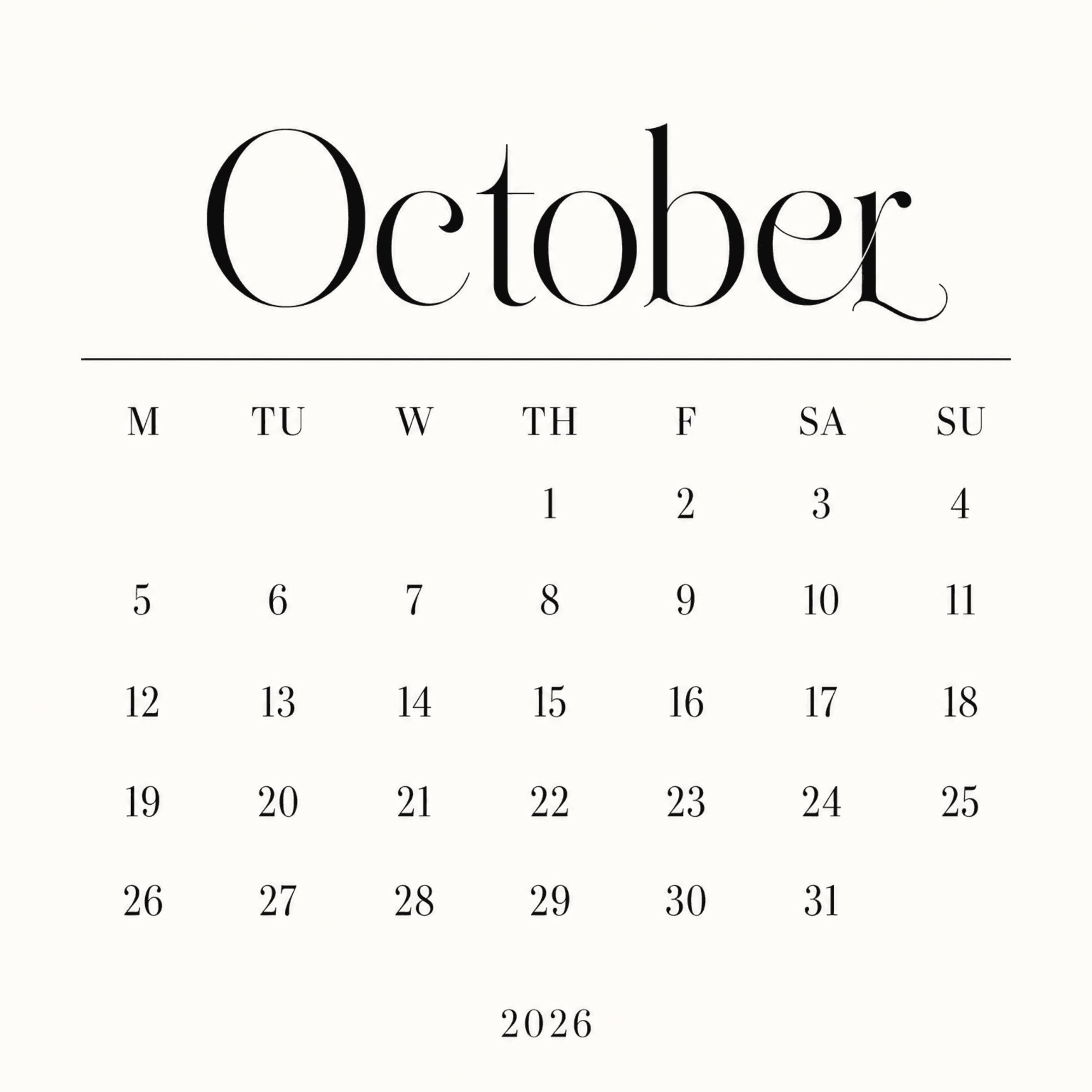 Free Simple October 2026 Calendar to Edit Online