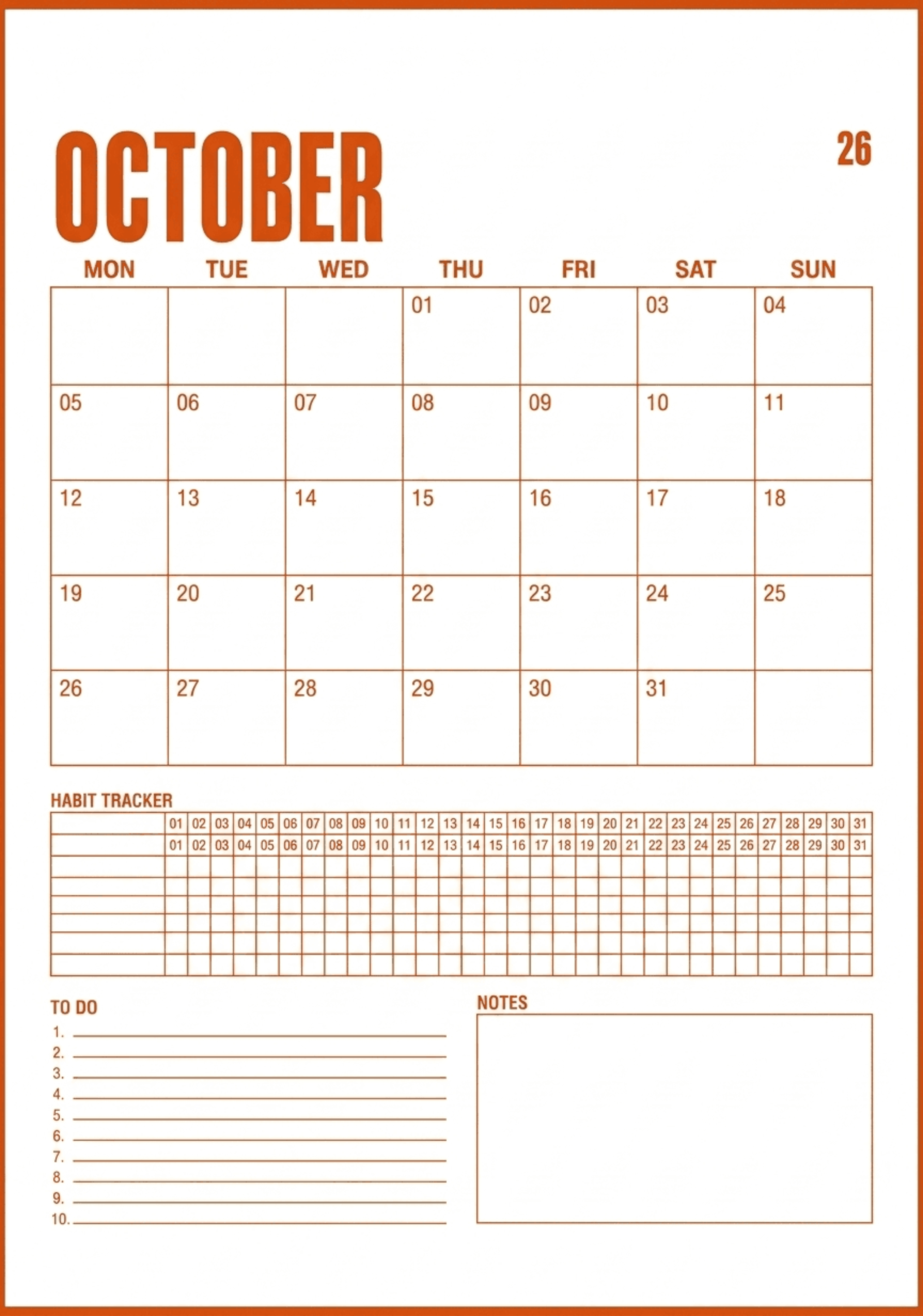 Free Printable October 2026 Calendar to Edit Online