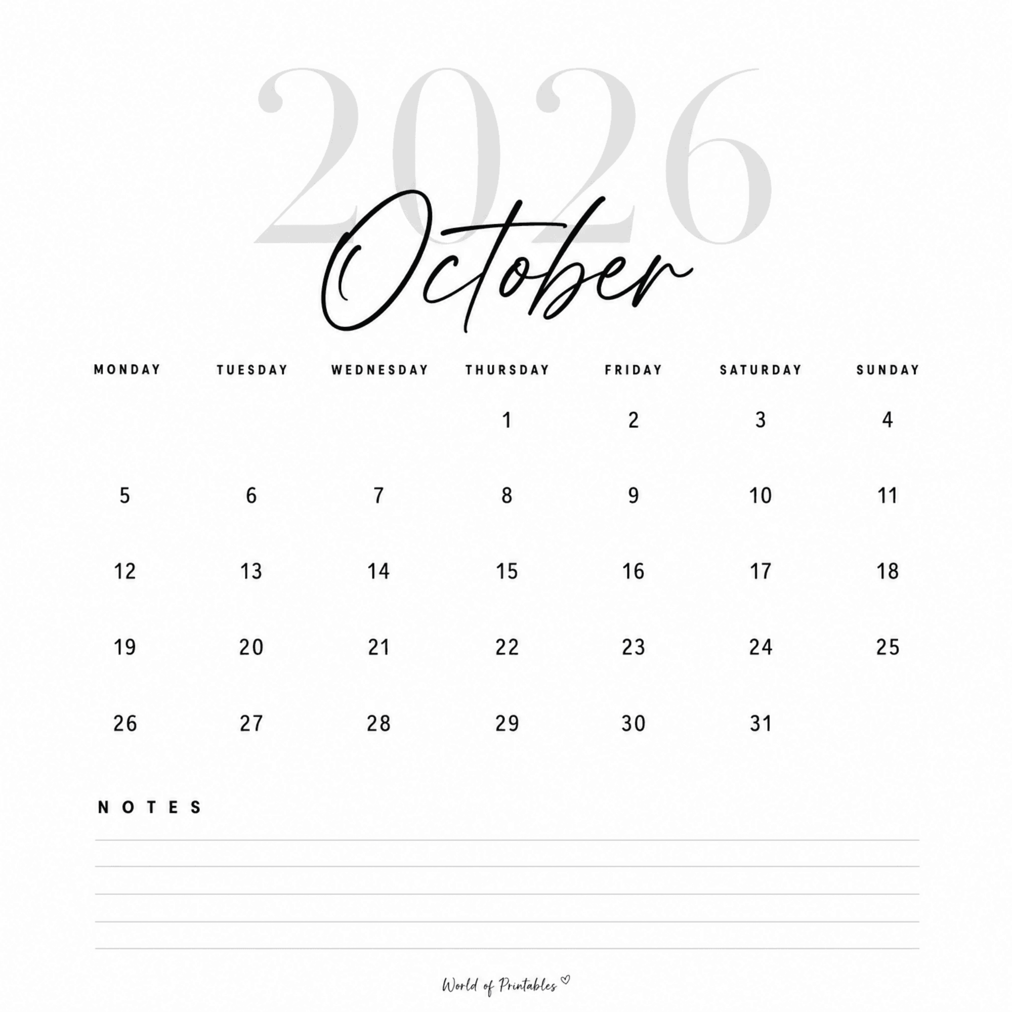 Free Minimalist October 2026 Calendar to Edit Online