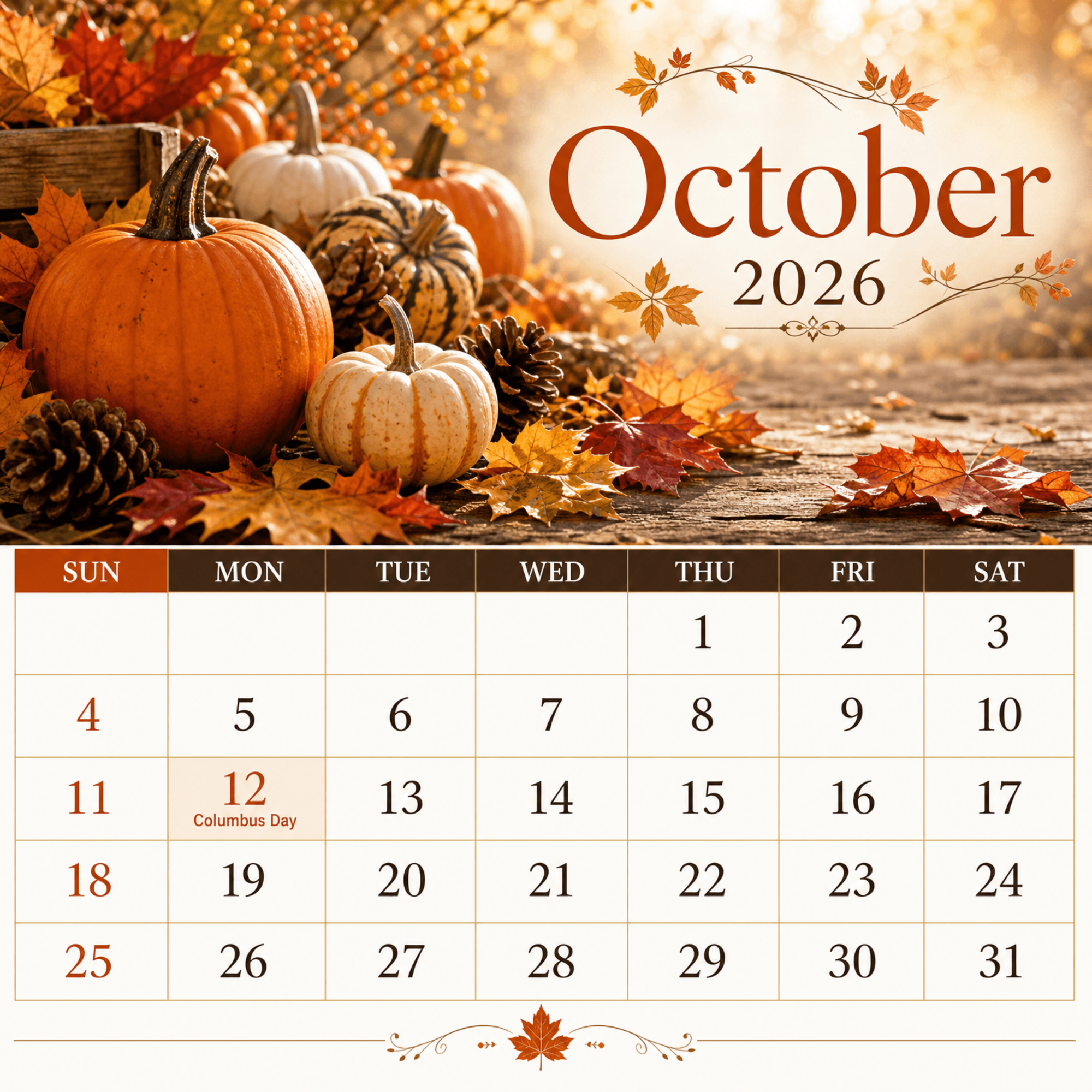 Free October 2026 Photo Calendar to Edit Online