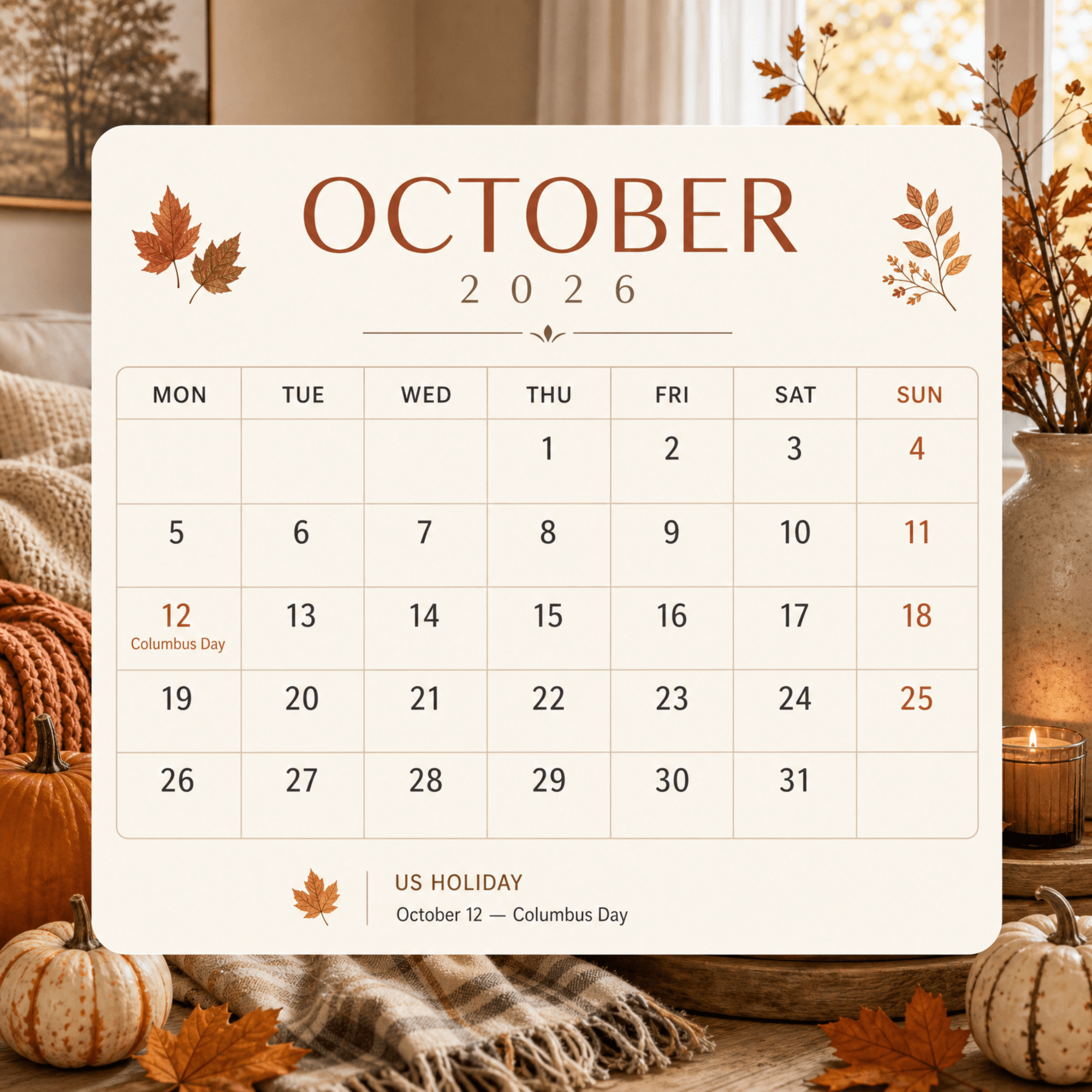 Free US Holidays October 2026 Calendar to Edit Online