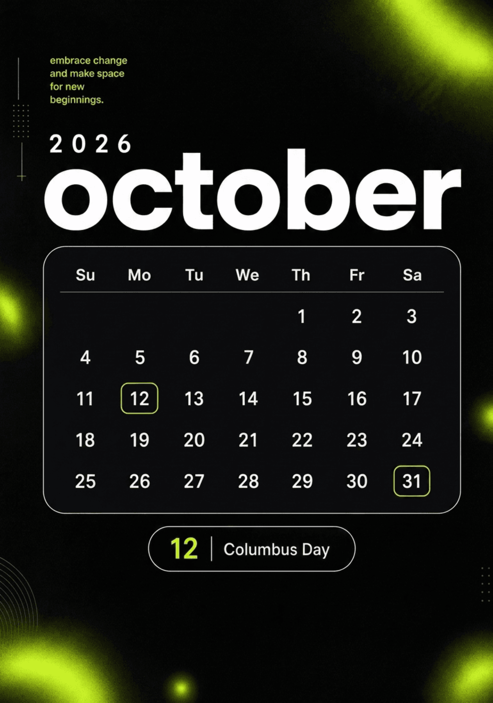 Free Modern October 2026 Calendar to Edit Online