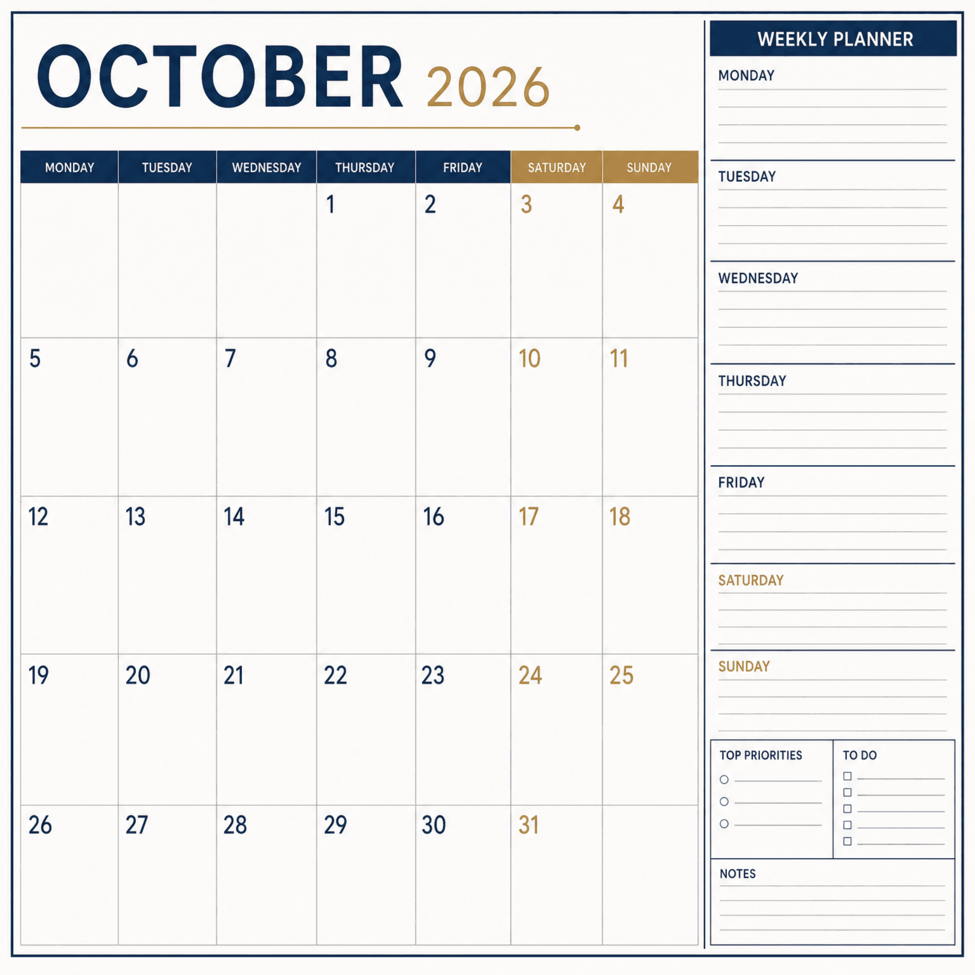 Free October 2026 Business Calendar to Edit Online