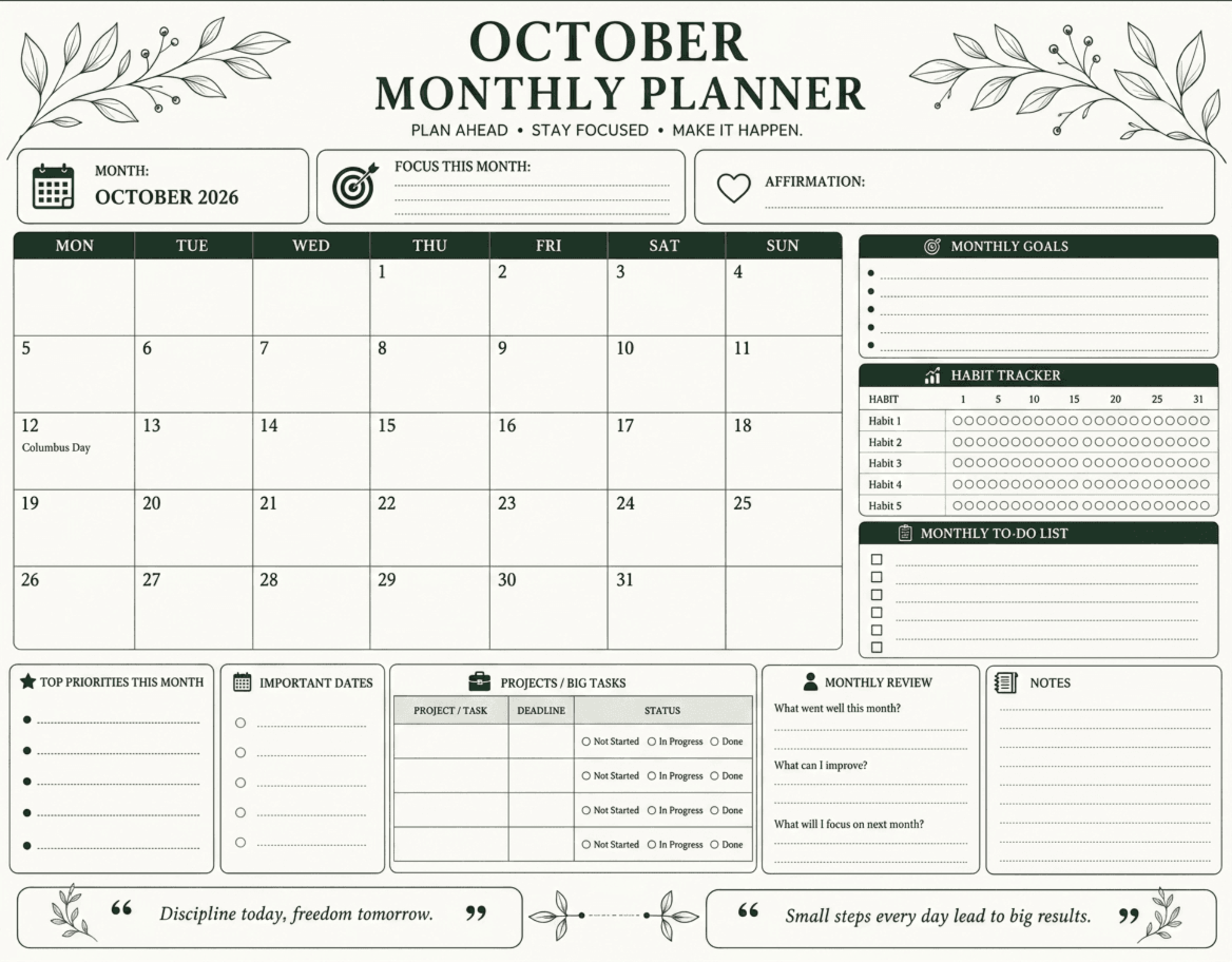 Free October 2026 Calendar for Office Planning to Edit Online