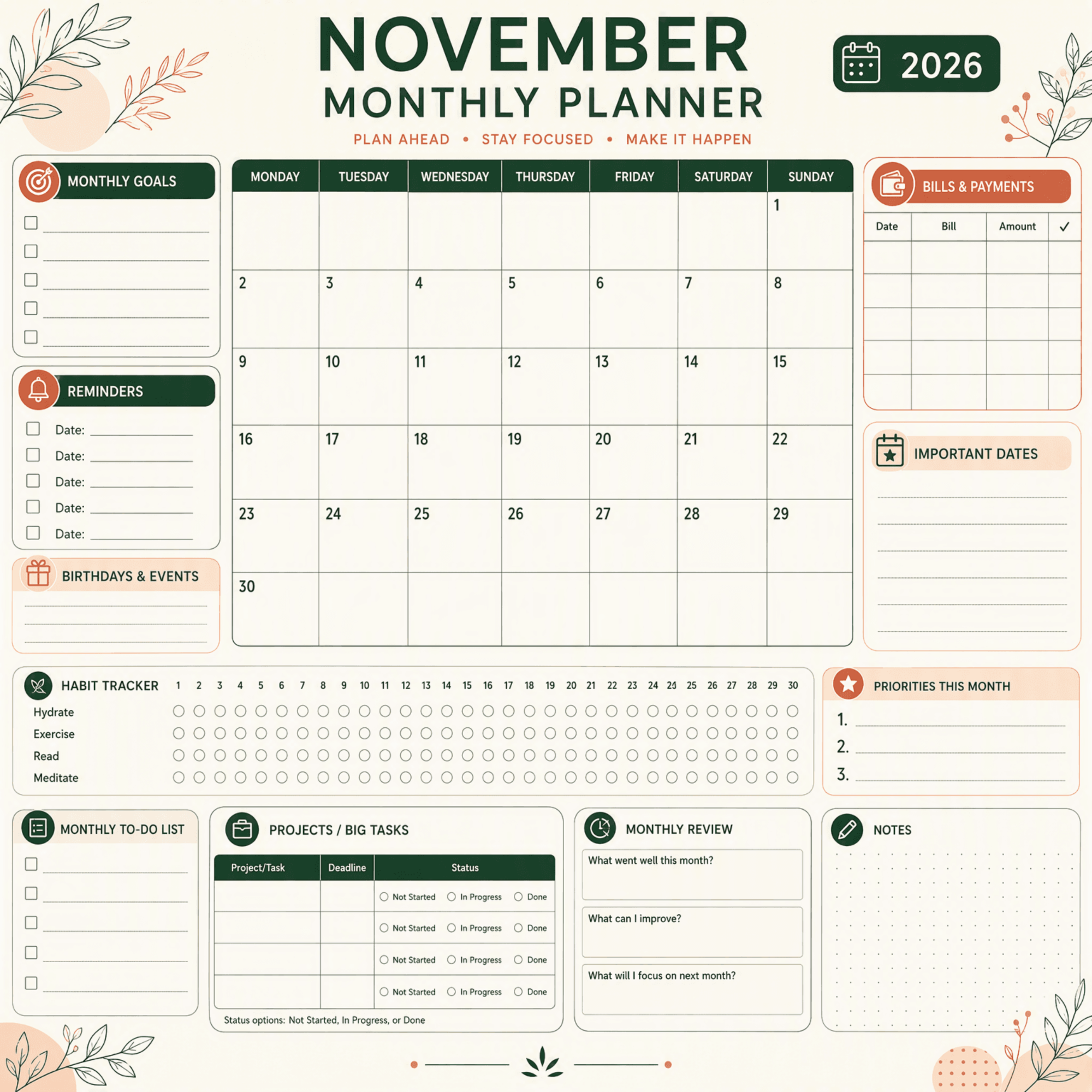 Free November 2026 Calendar with Weekly Plan to Edit Online Free November 2026 Calendar with Weekly Plan to Edit Online
