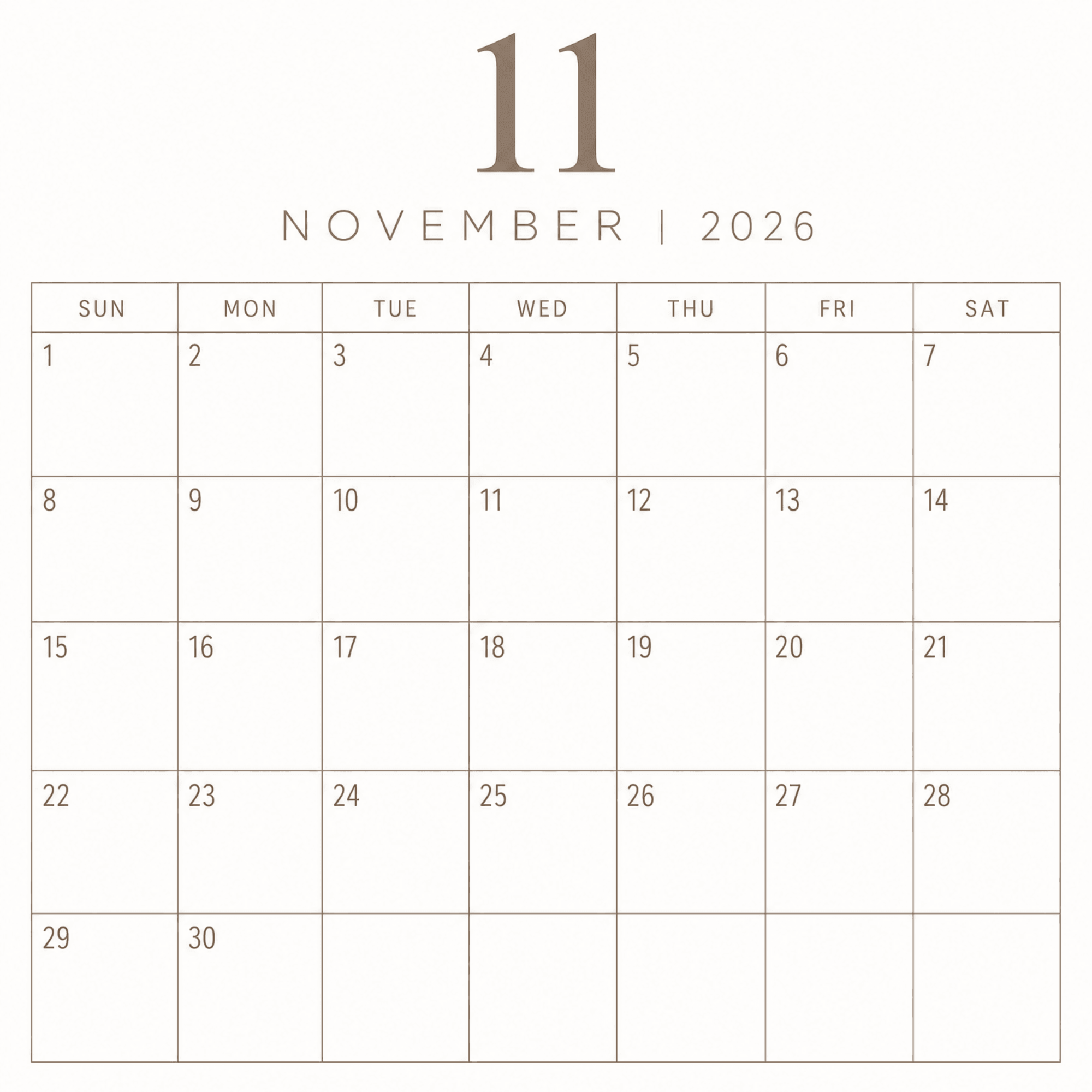 Free Simple November 2026 Calendar to Edit Online Free Simple November 2026 Calendar to Edit Online