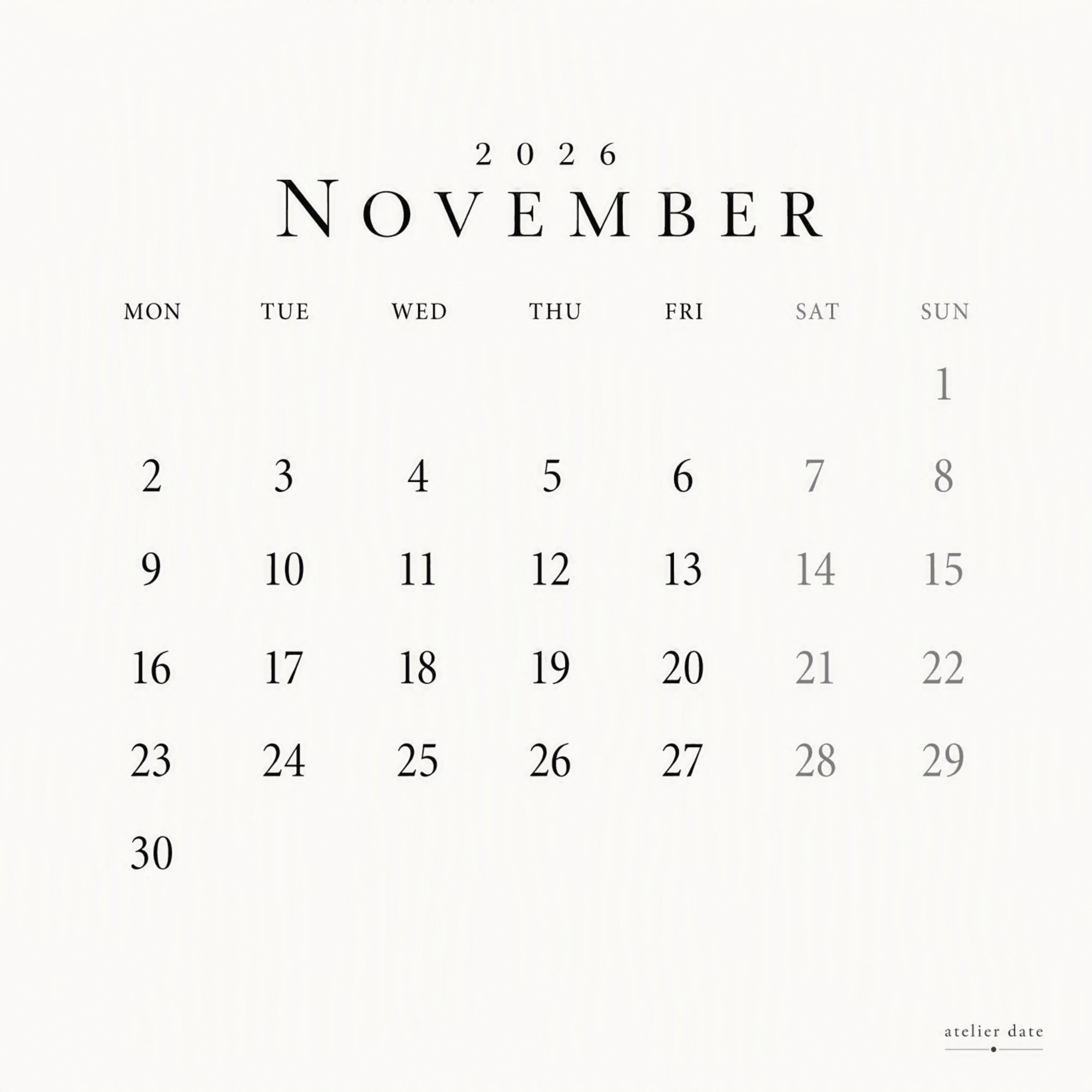 Free Minimalist November 2026 Calendar to Edit Online Free Minimalist November 2026 Calendar to Edit Online