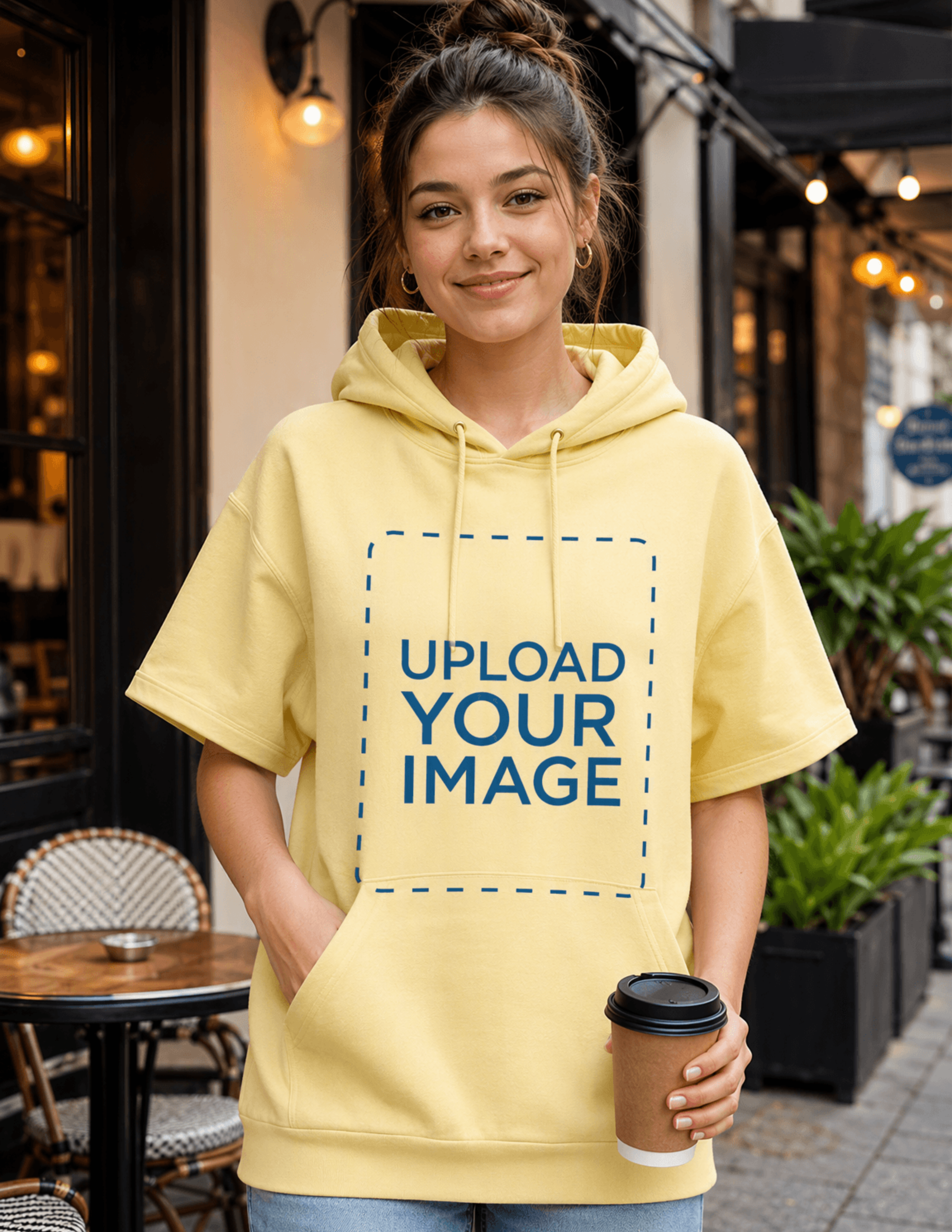 Free Young Lady in Jeans and Short Sleeve Hoodie Mockup Template to Edit Online