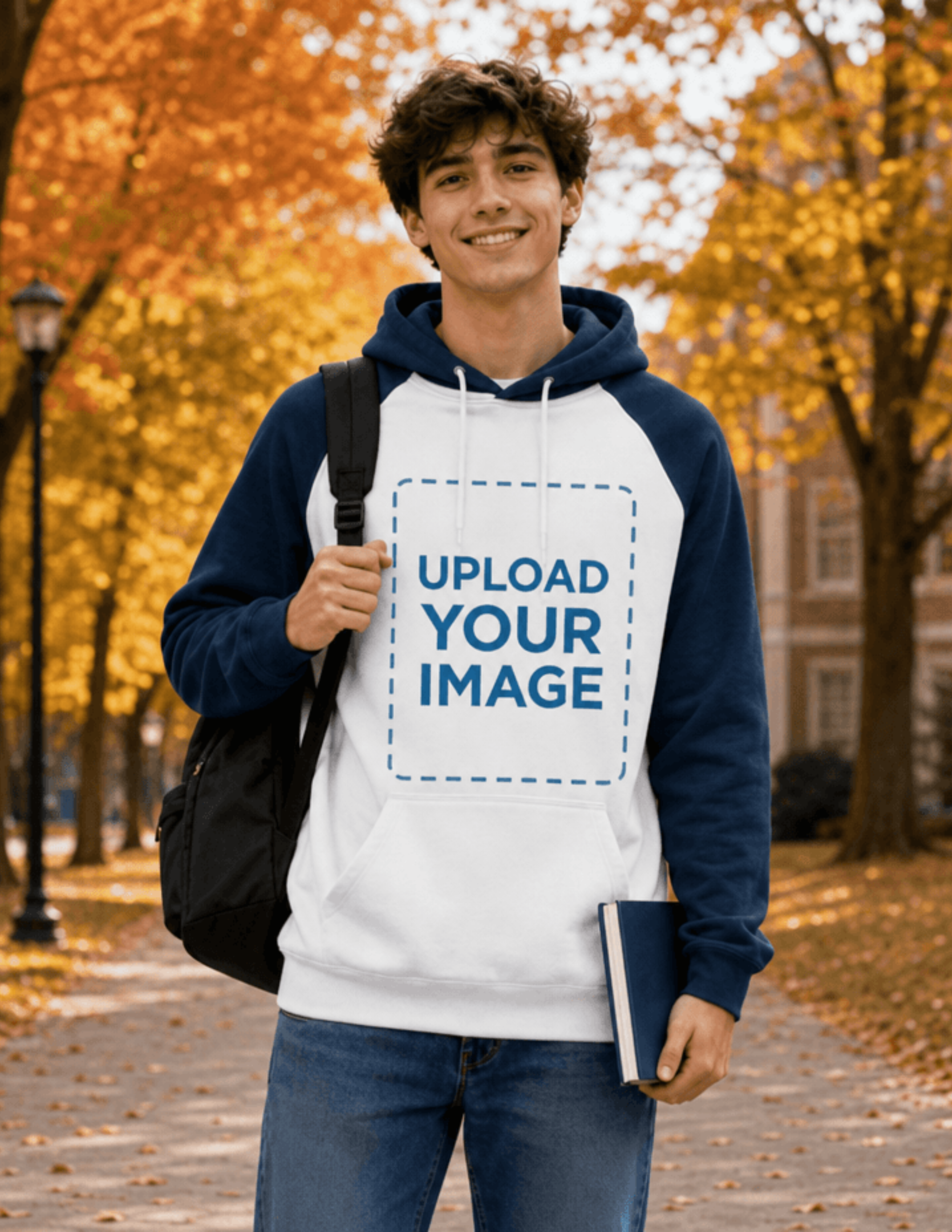 Free Student Standing in Front of Autumn Trees Wearing Raglan Hoodie Mockup Template to Edit Online