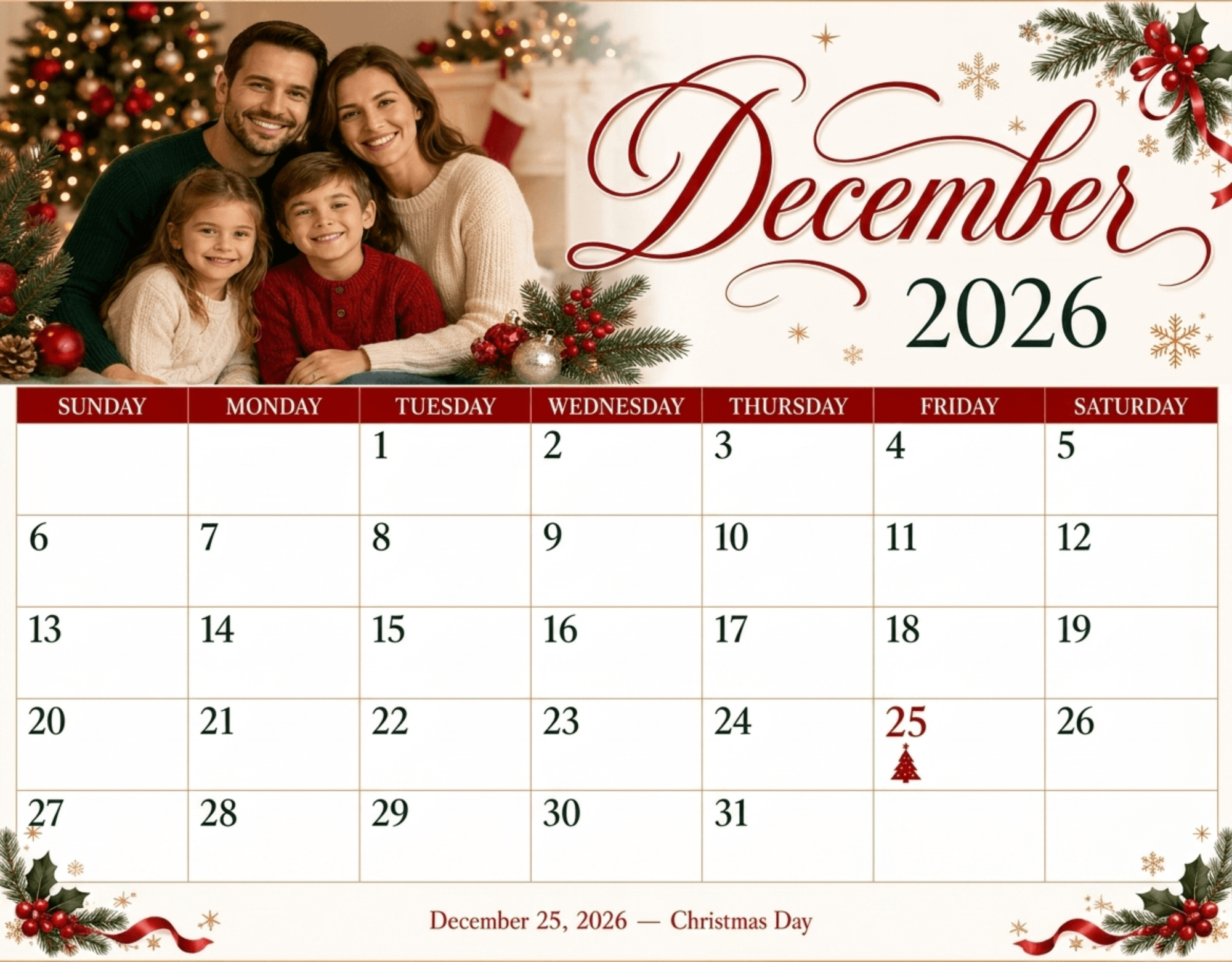 Free December 2026 Family Holiday Calendar to Edit Online Free December 2026 Family Holiday Calendar to Edit Online