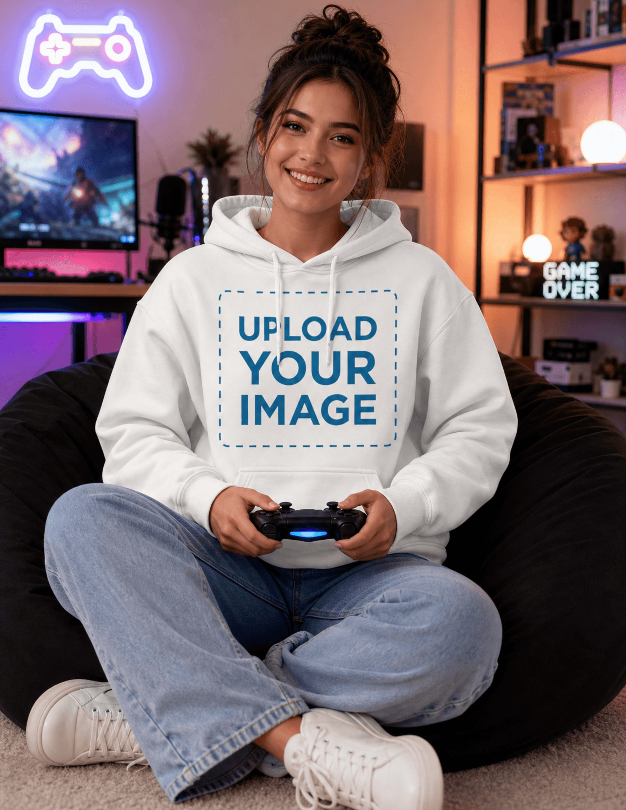 Free Woman Gamer in Hoodie Mockup Template to Edit Online