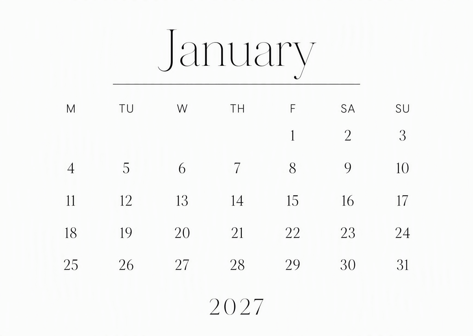 Free Minimalist January 2027 Calendar to Edit Online