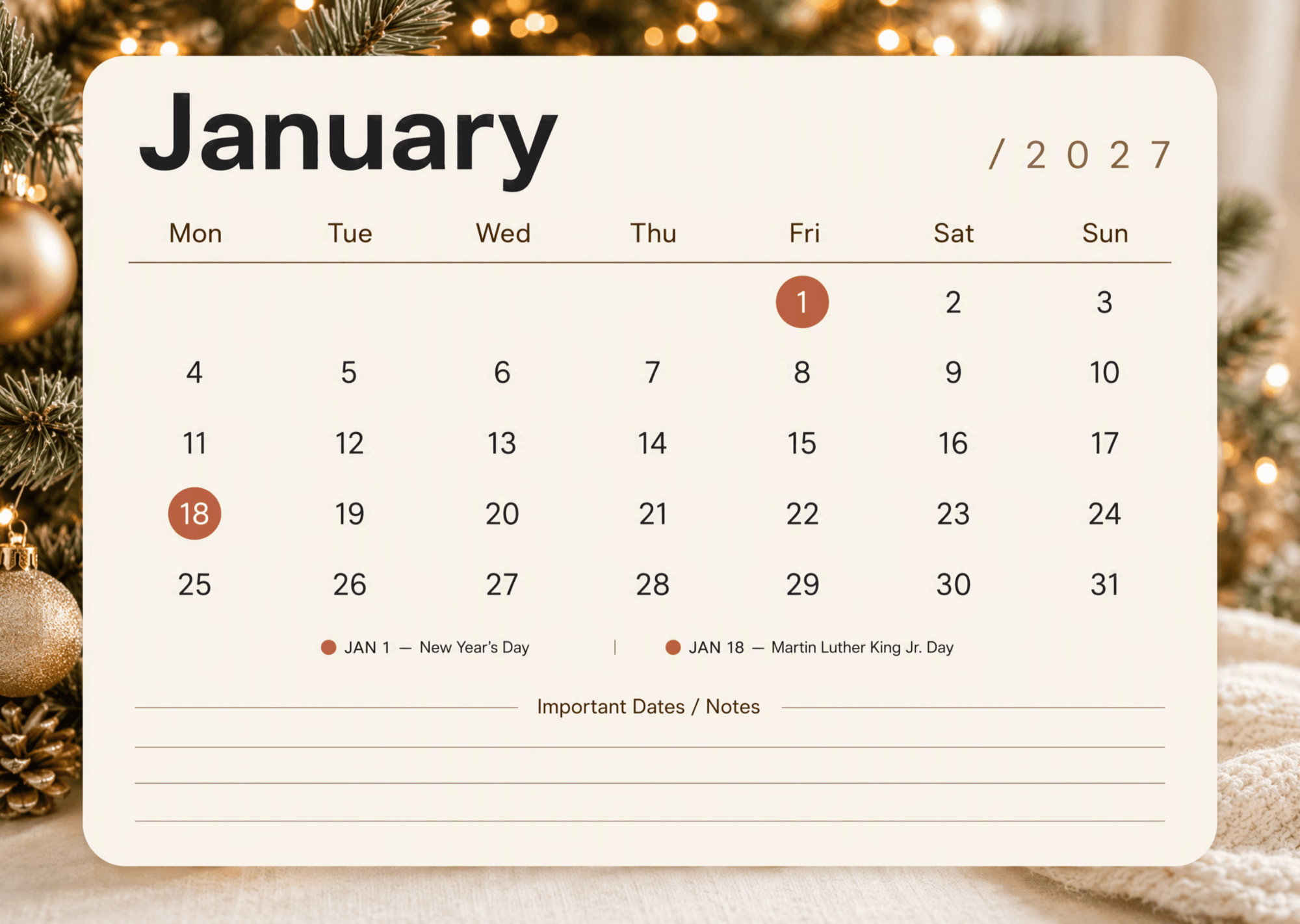 Free January 2027 Calendar with US Federal Holidays to Edit Online