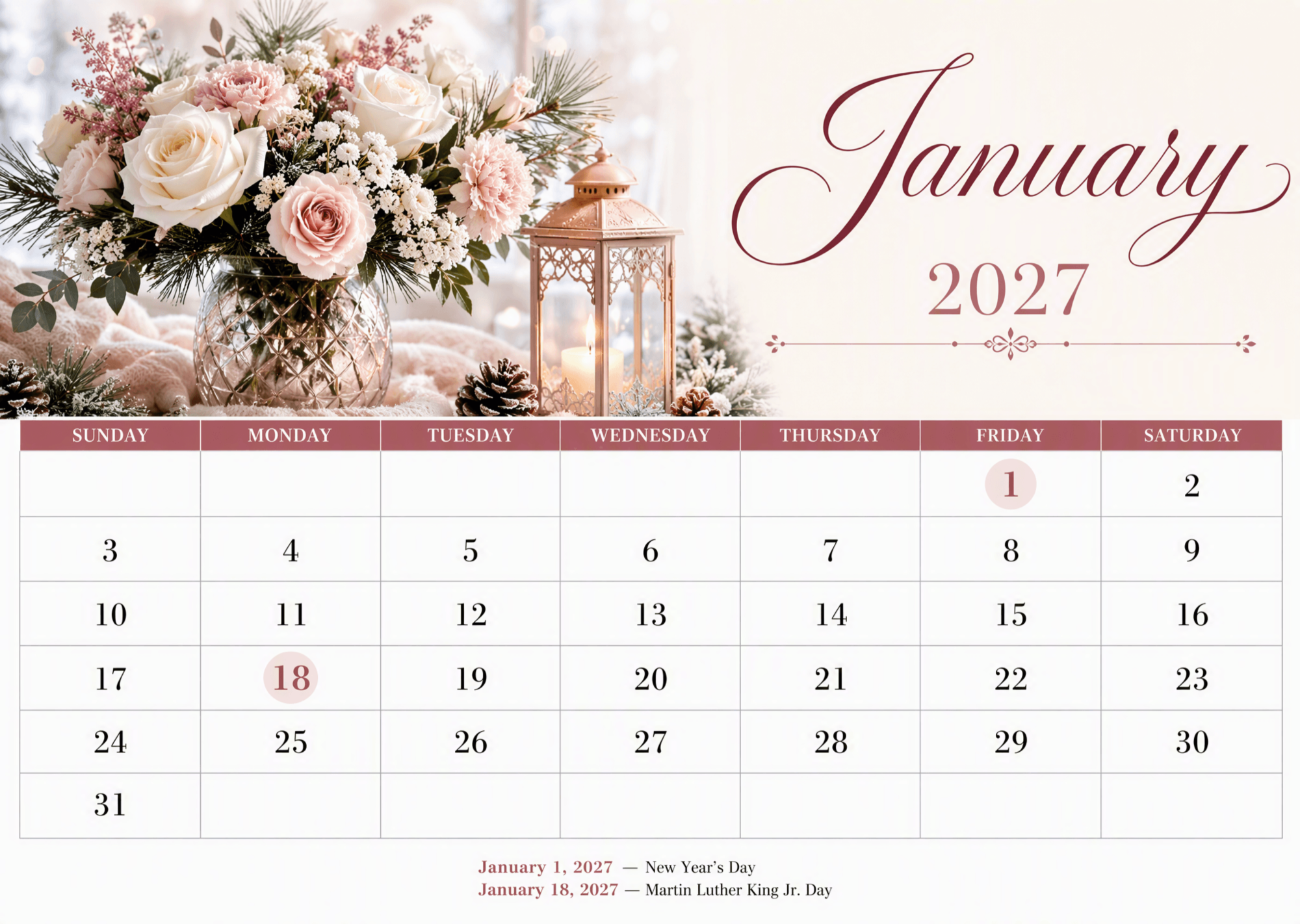 Free Elegant Photo January 2027 Calendar to Edit Online