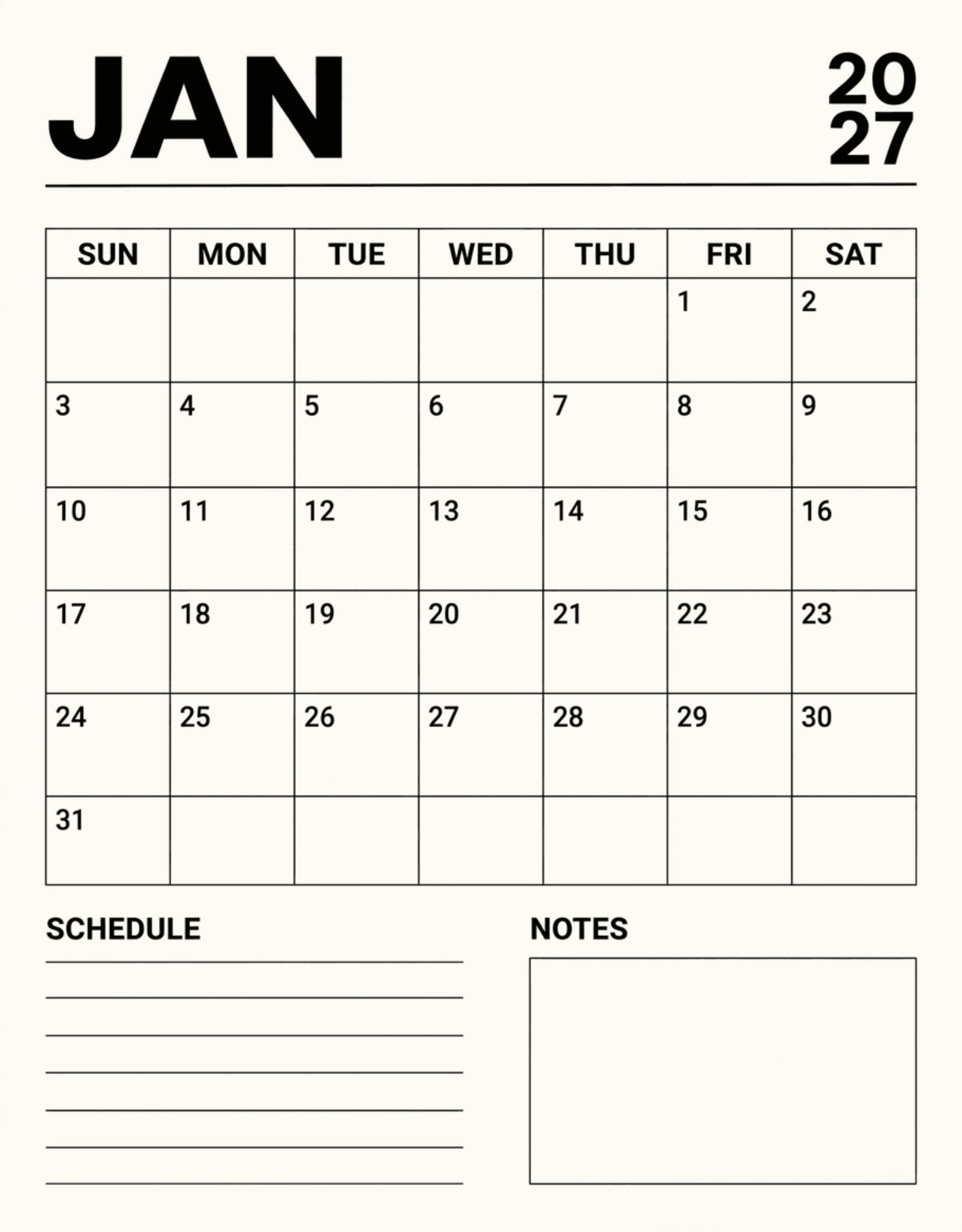 Free Corporate January 2027 Planning Calendar to Edit Online