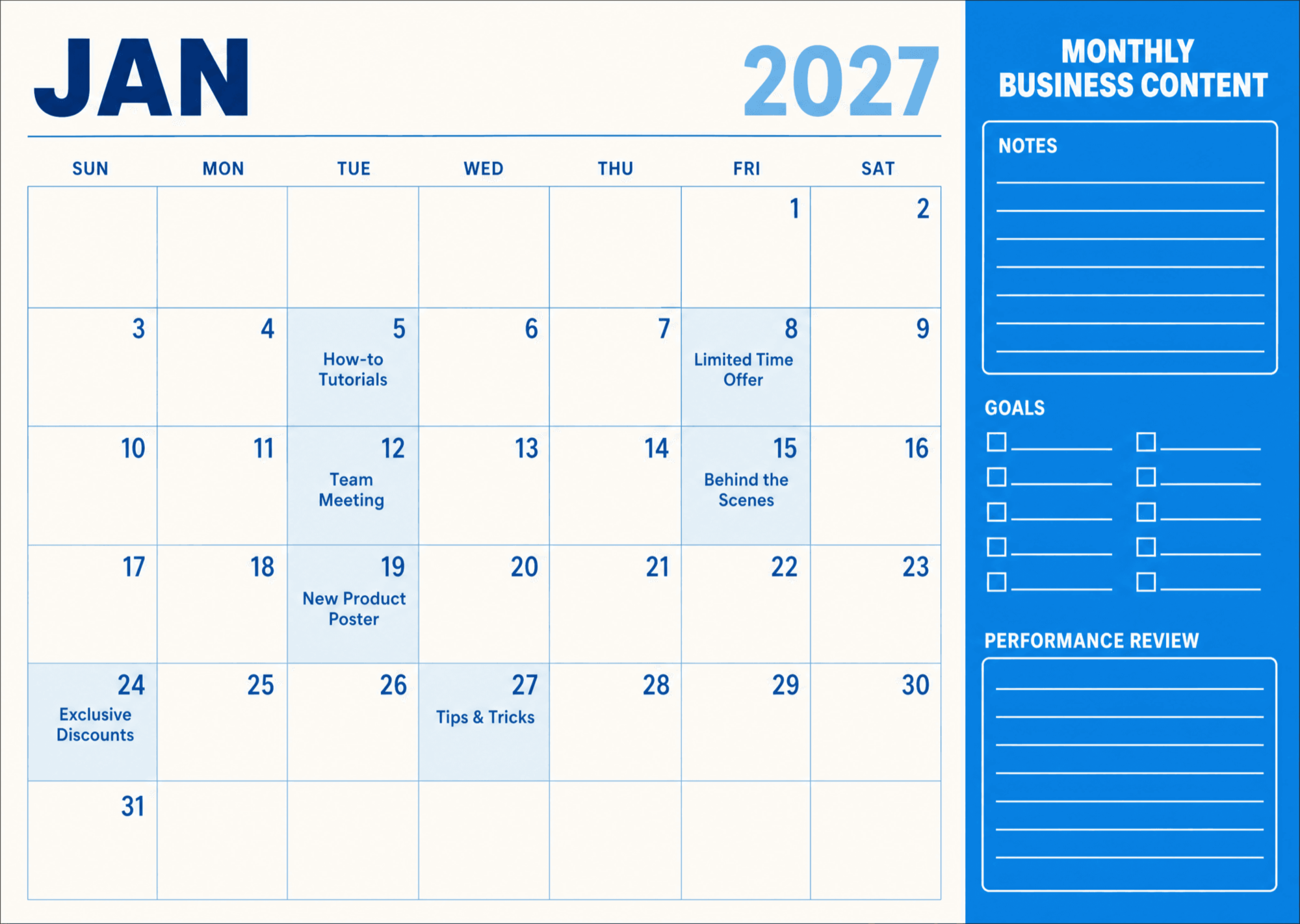 Free January 2027 Business Schedule Calendar to Edit Online