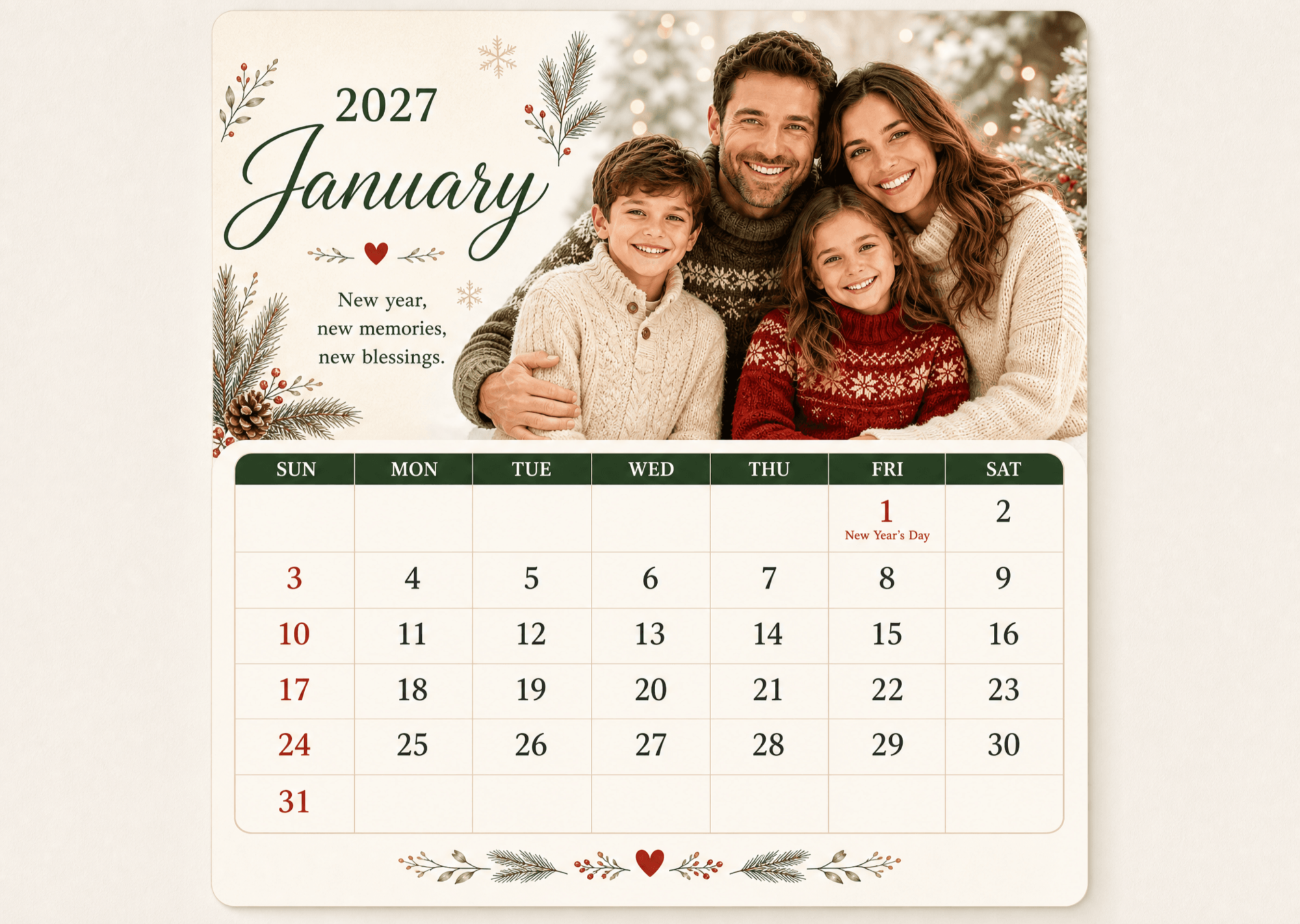 Free Family January 2027 Holiday Calendar to Edit Online