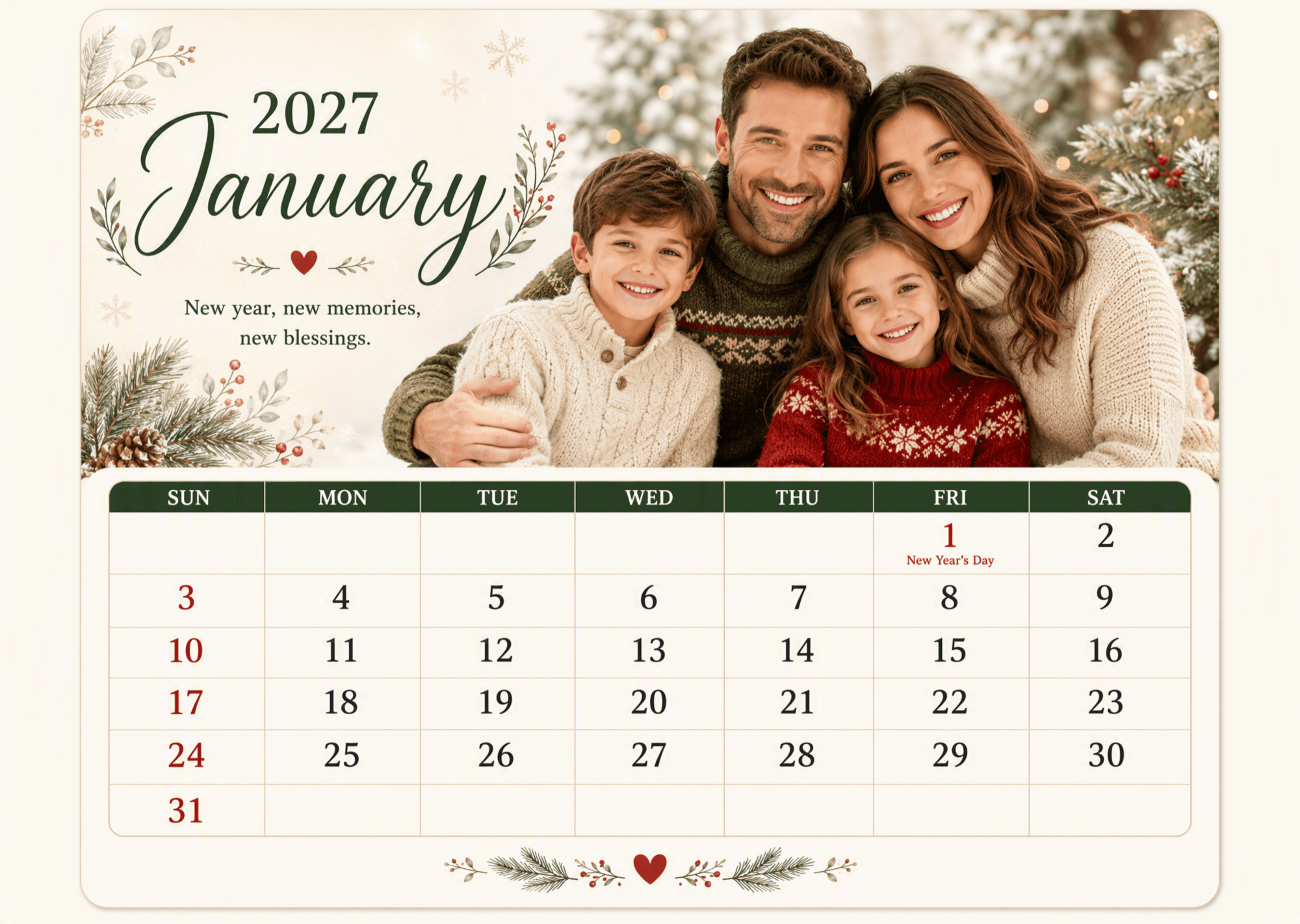 Free Family January 2027 Holiday Calendar to Edit Online