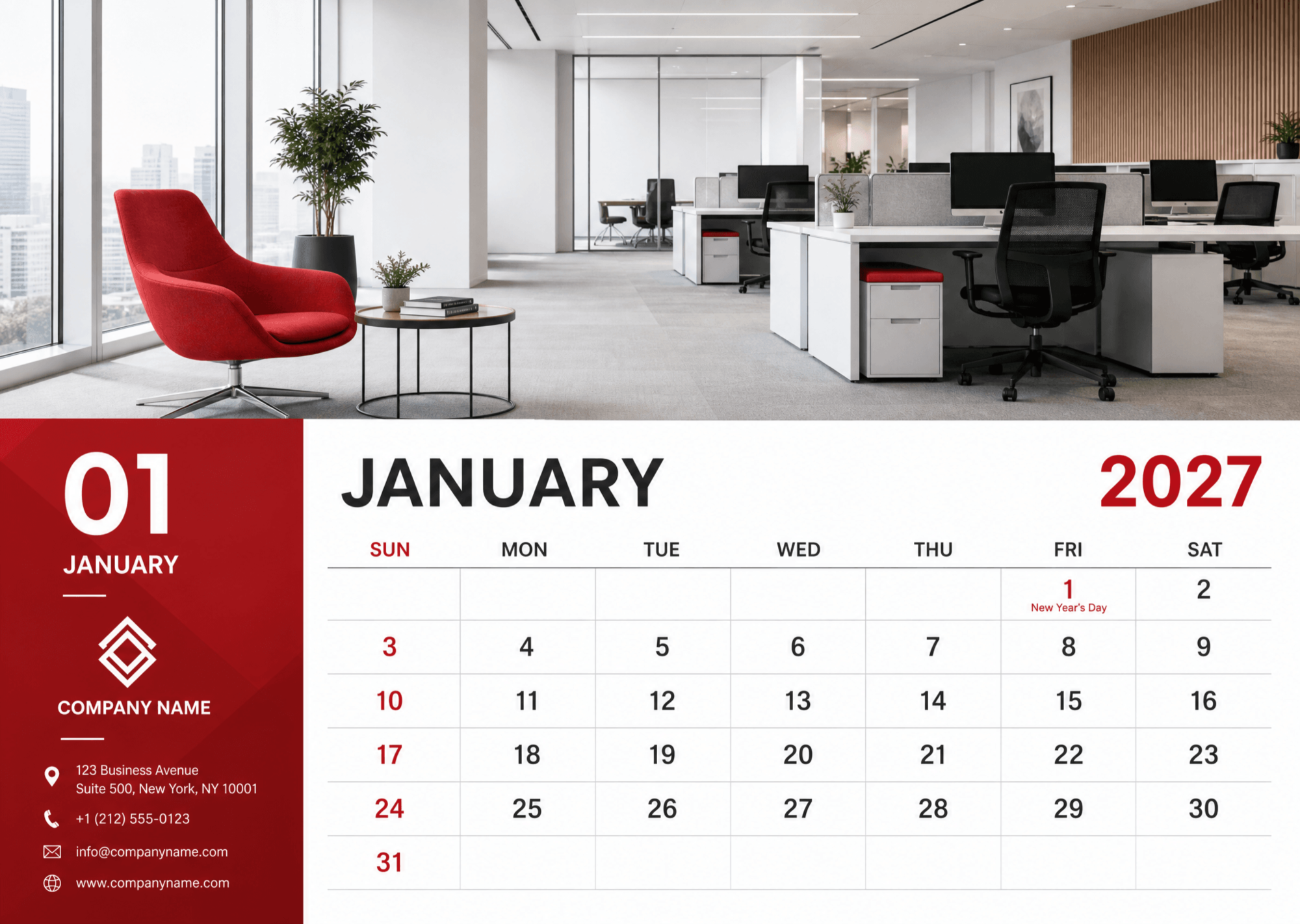 Free Professional January 2027 Office Calendar to Edit Online
