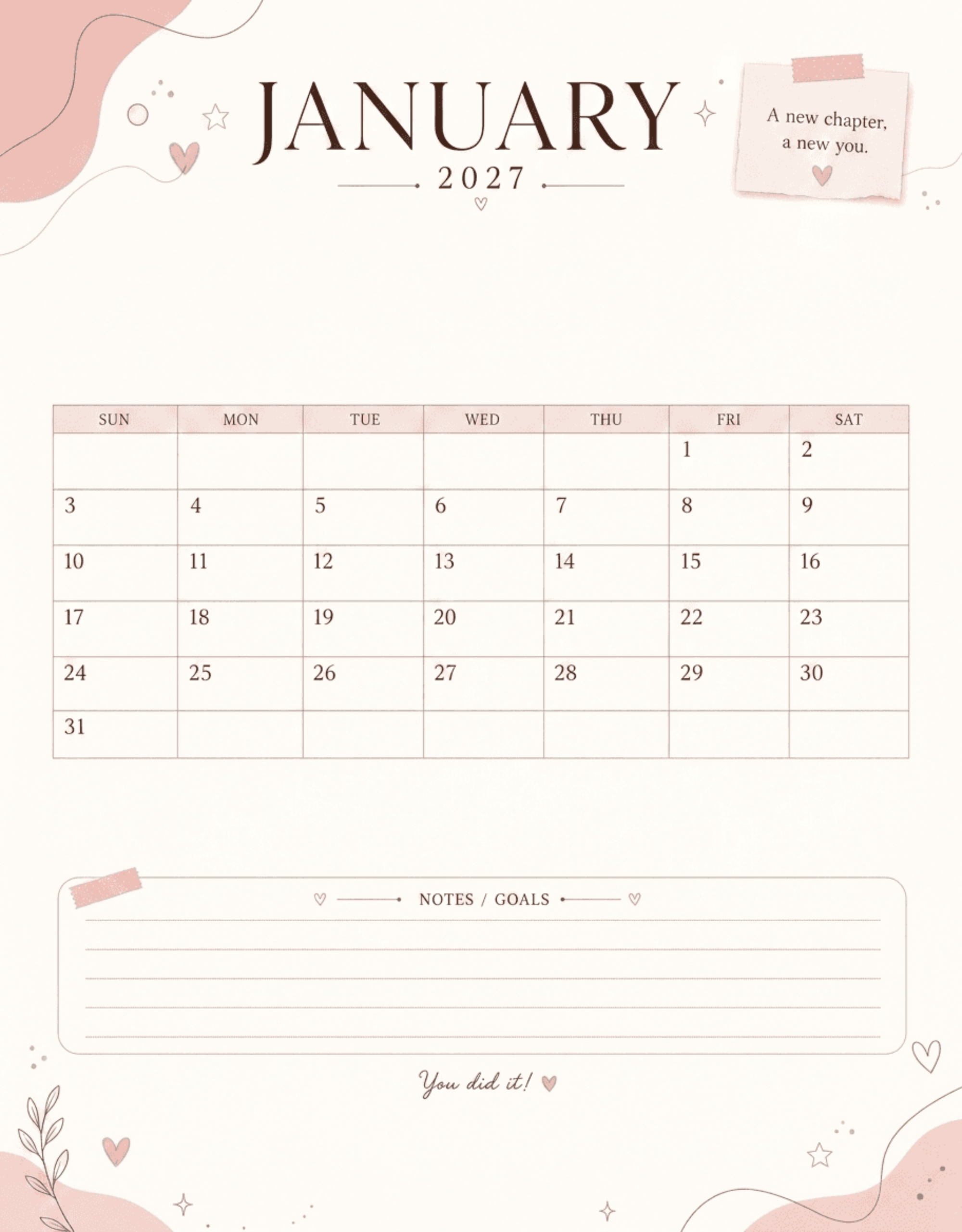 Free Aesthetic January 2027 Monthly Calendar to Edit Online