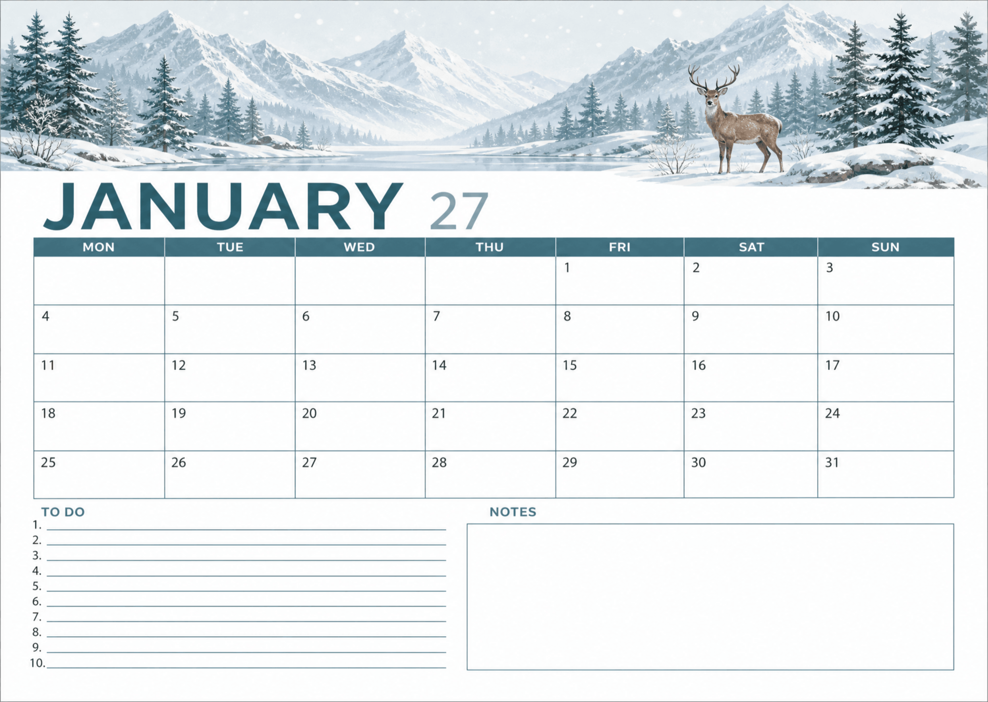 Free January 2027 Work and Appointment Calendar to Edit Online